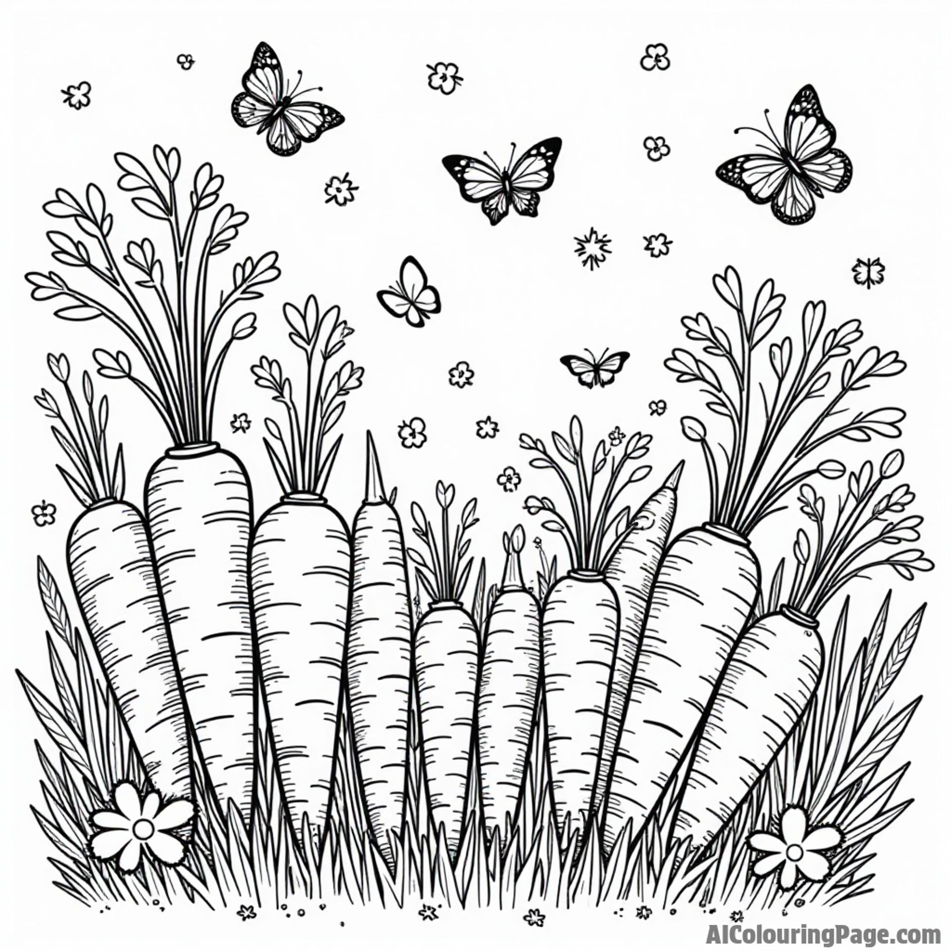 A vibrant carrot garden filled with various carrot sizes and shapes, surrounded by butterflies and ladybugs dancing around.
