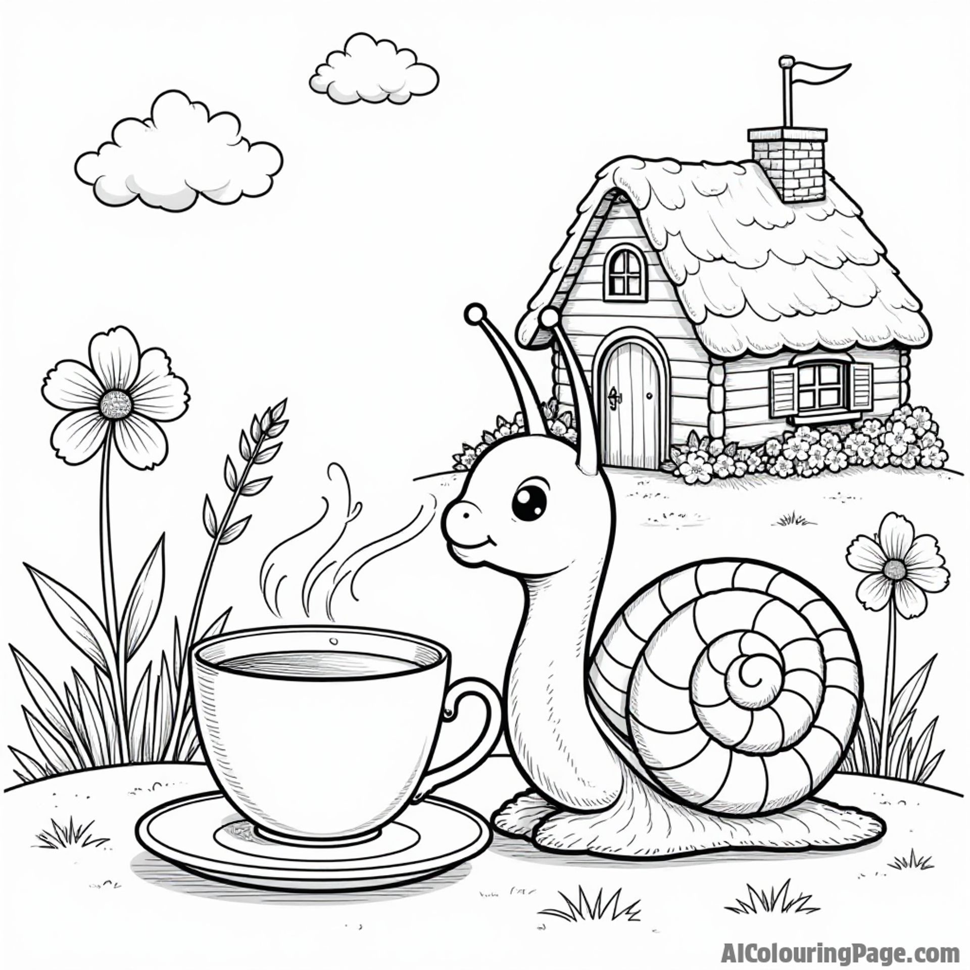 A snail enjoying a warm cup of tea, with a cozy cottage and blooming flowers in the background for kids to color.