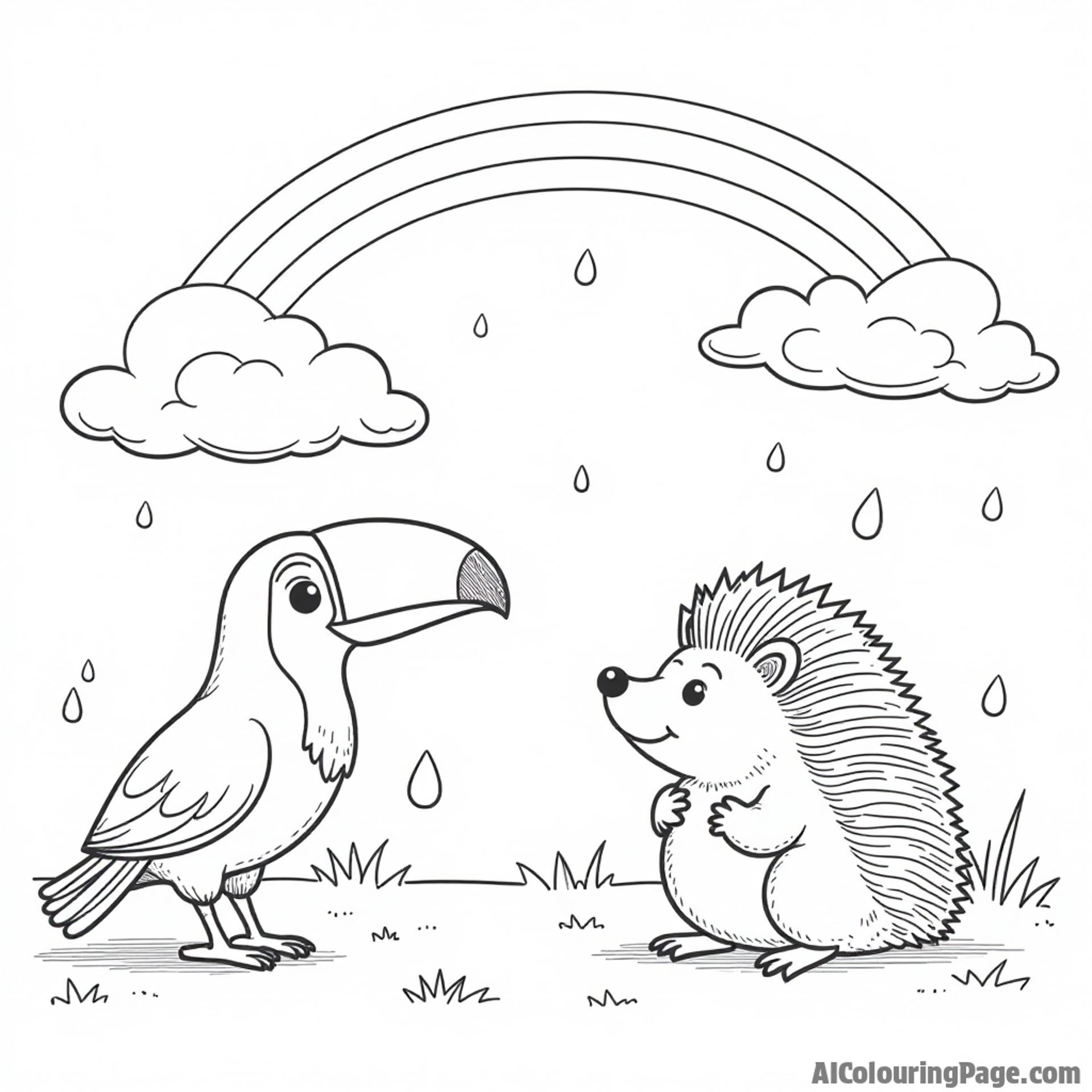 A toucan and a hedgehog learning about the weather under a rainbow with clouds and raindrops in a fun scene.