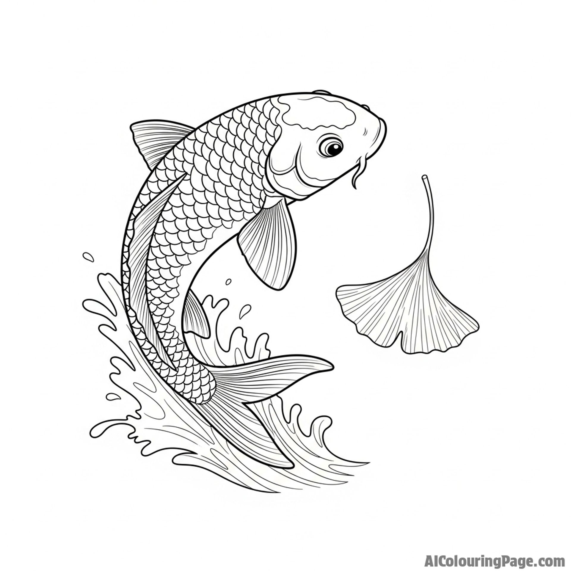 An energetic koi leaping from the water, its body captured mid-air next to a falling ginkgo leaf.