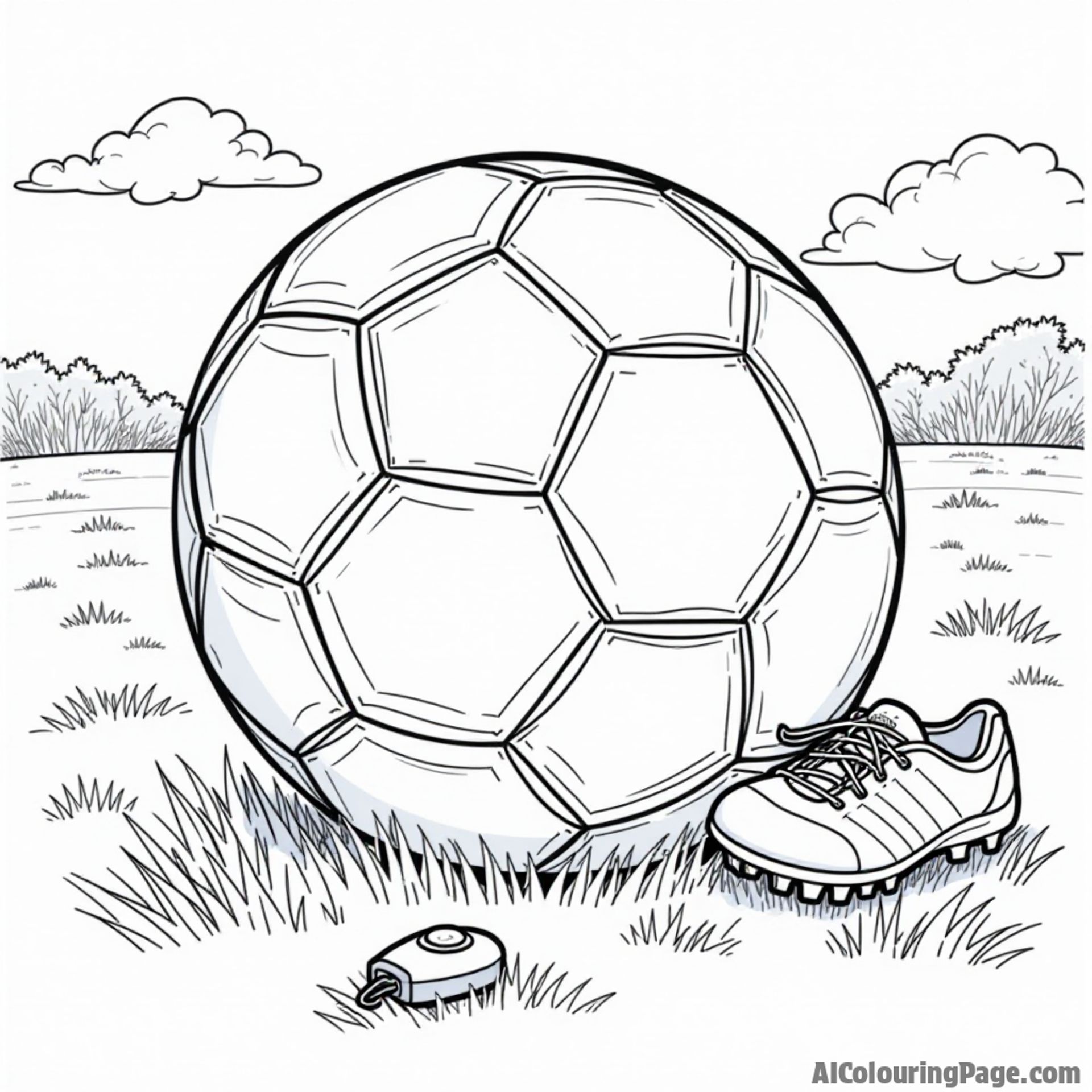A soccer ball resting on a grassy field with a pair of cleats nearby, a water bottle and a whistle in the background, all outlined for a fun coloring activity.