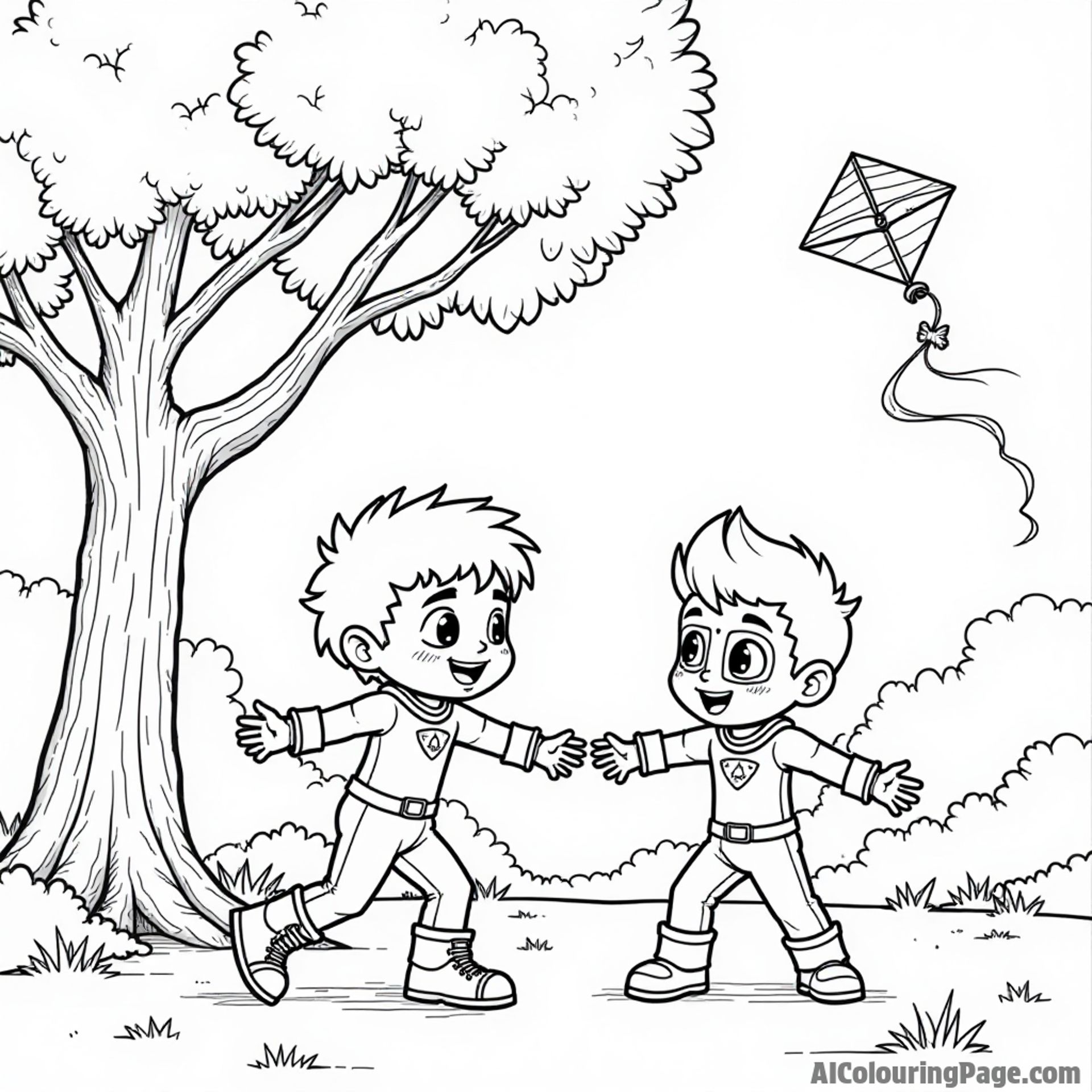 Beast Boy and Starfire playing in a park, a big tree with a swing, and a colorful kite flying high above.