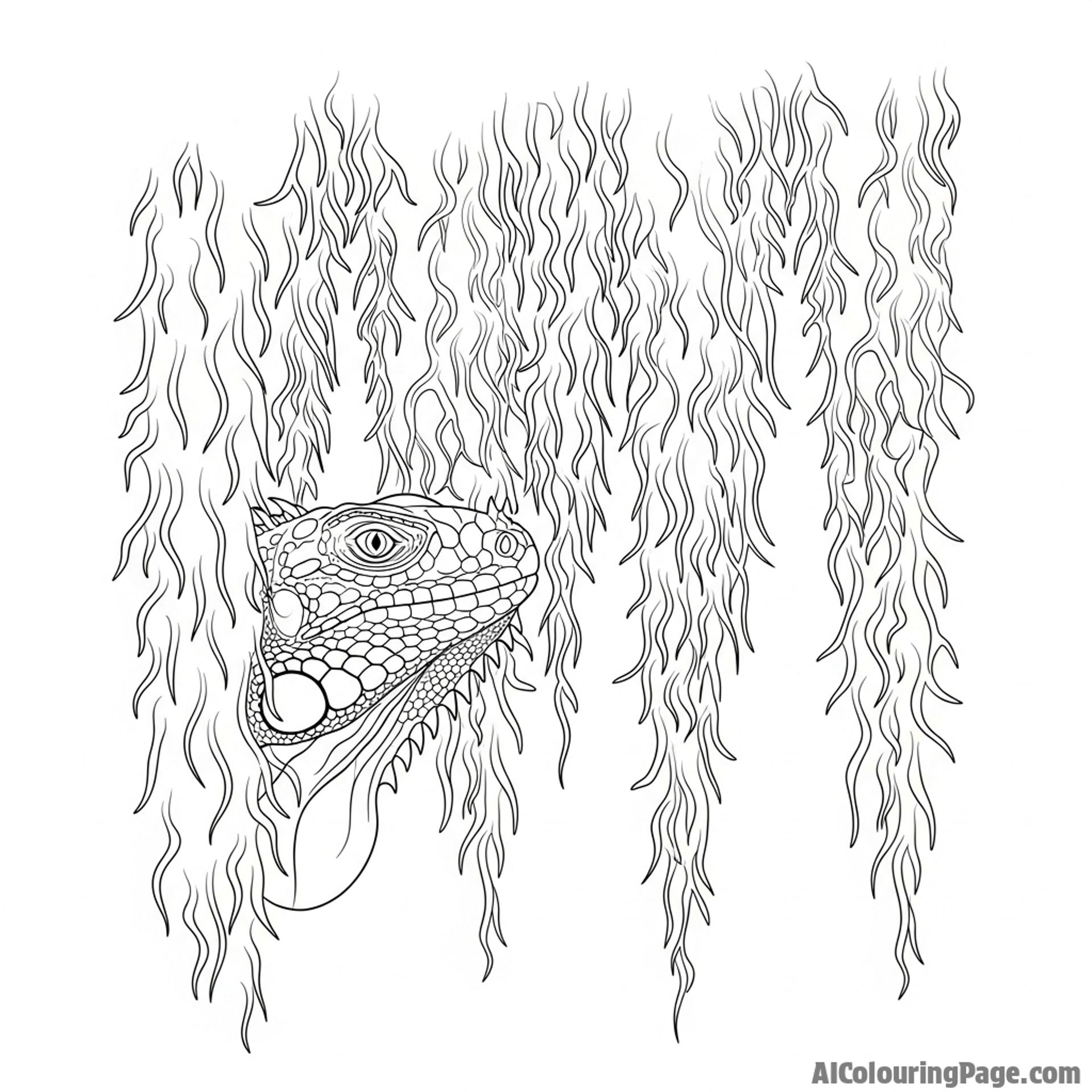 An iguana peering through a curtain of hanging moss.