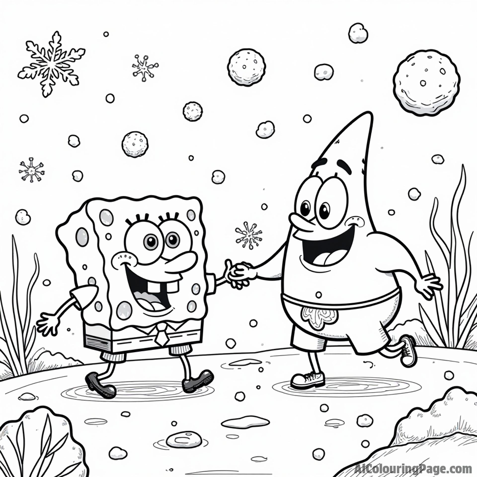 SpongeBob and Patrick having a snowball fight in an underwater winter wonderland created by Sandy Cheeks with snowflakes