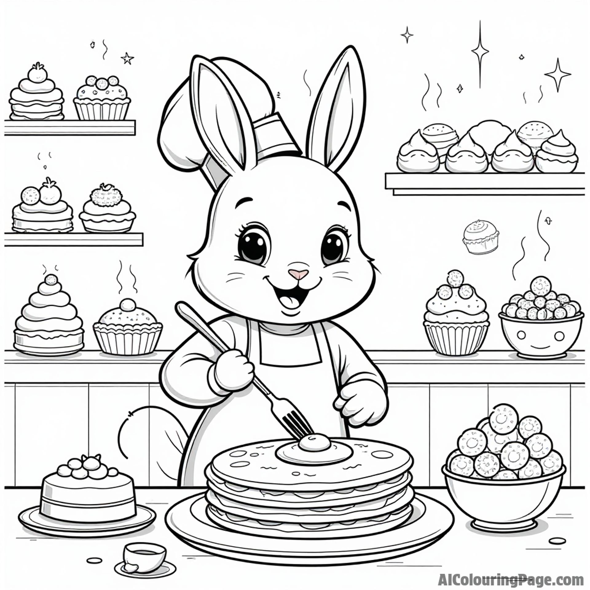 A cute rabbit chef decorating pancakes with colorful fruits and whipped cream in a bakery filled with sweet treats