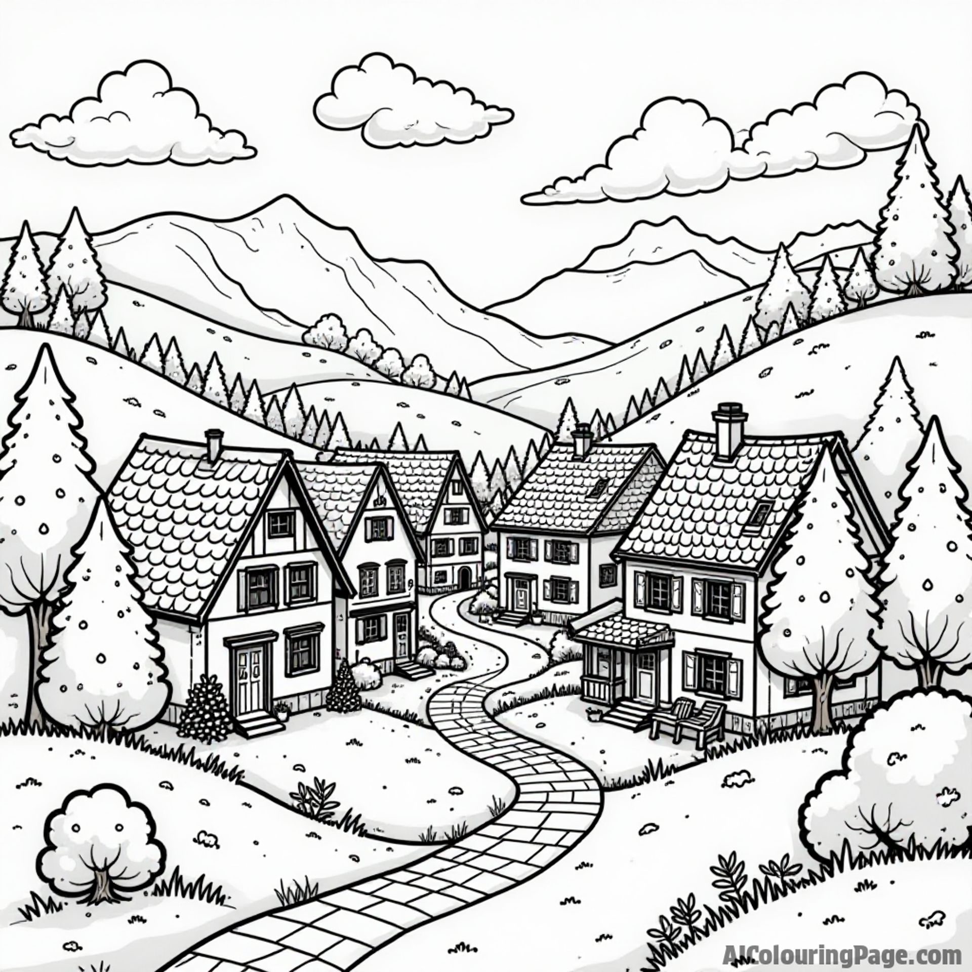 A charming Oktoberfest landscape featuring a quaint village with traditional Bavarian houses, surrounded by rolling hills and colorful trees, inviting kids to color their own picturesque scene.