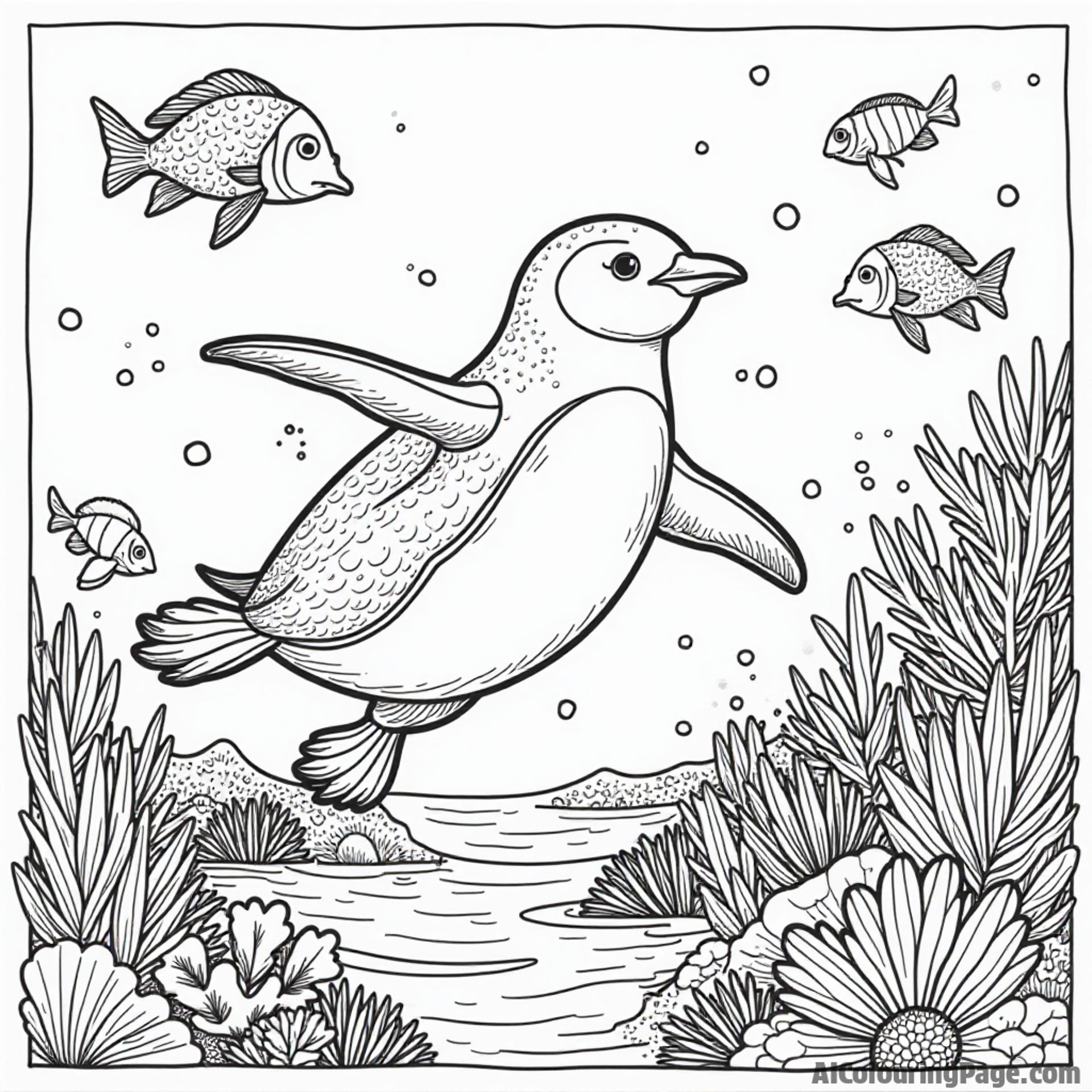 A penguin diving into the ocean with colorful fish swimming around and a vibrant coral reef in the background.