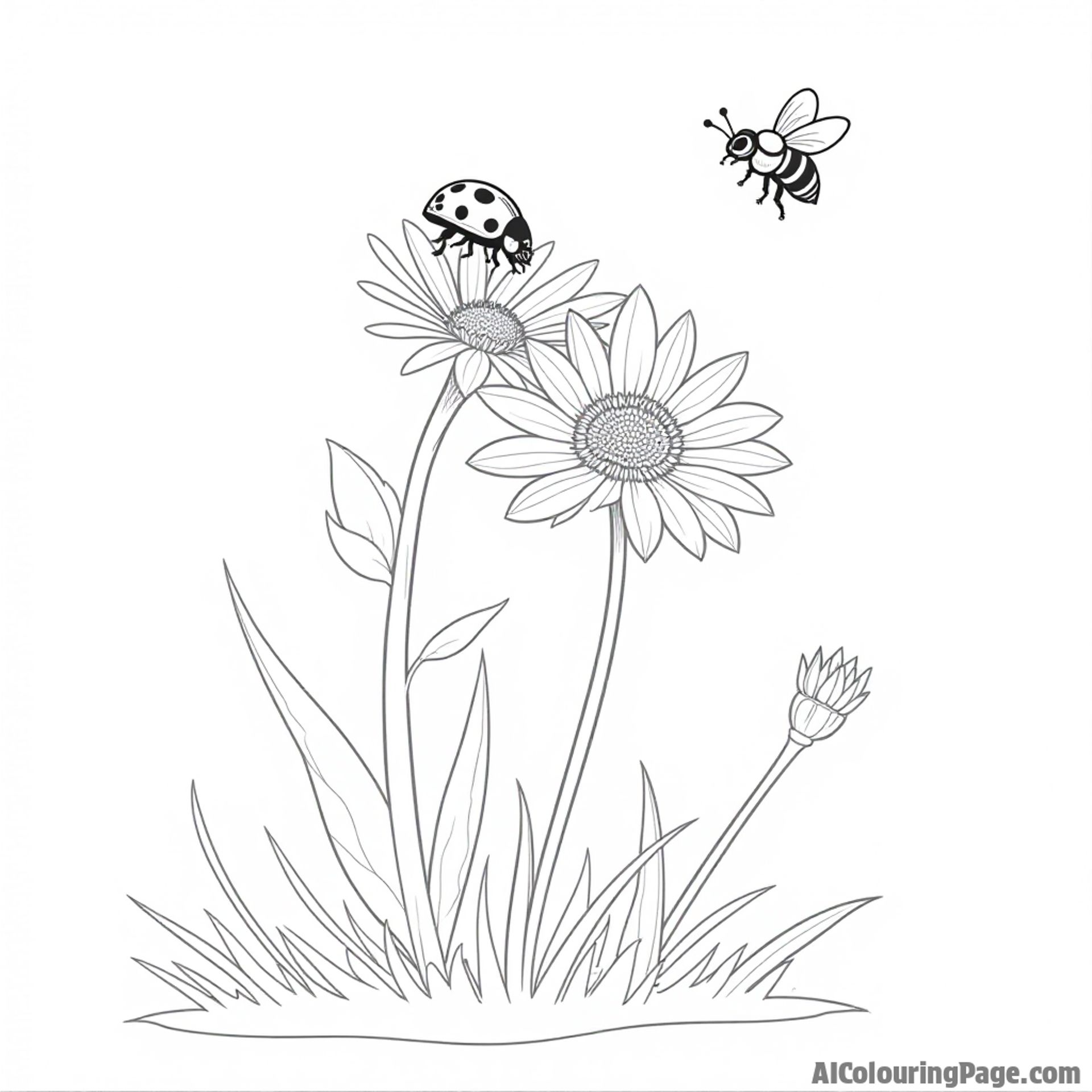 A ladybug climbing a tall flower stalk, with a busy bee flying nearby and a soft breeze blowing.