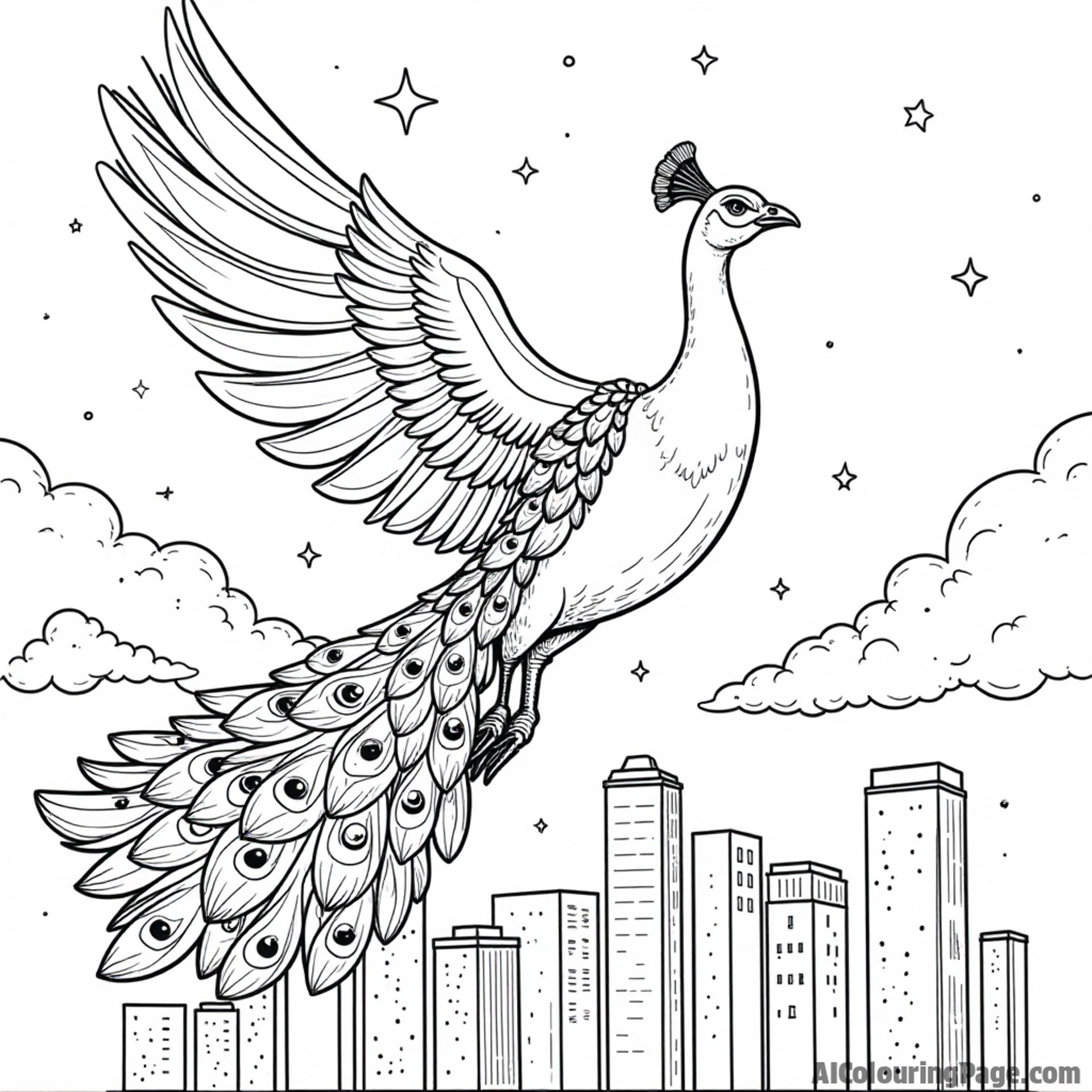 A peacock wearing a superhero cape, flying over a city skyline with clouds and stars twinkling in the night sky