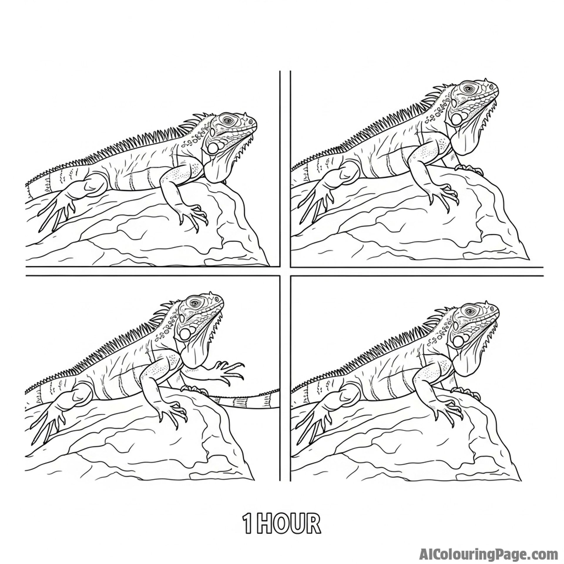 A time-lapse photograph showing the subtle movements of a basking iguana over an hour.