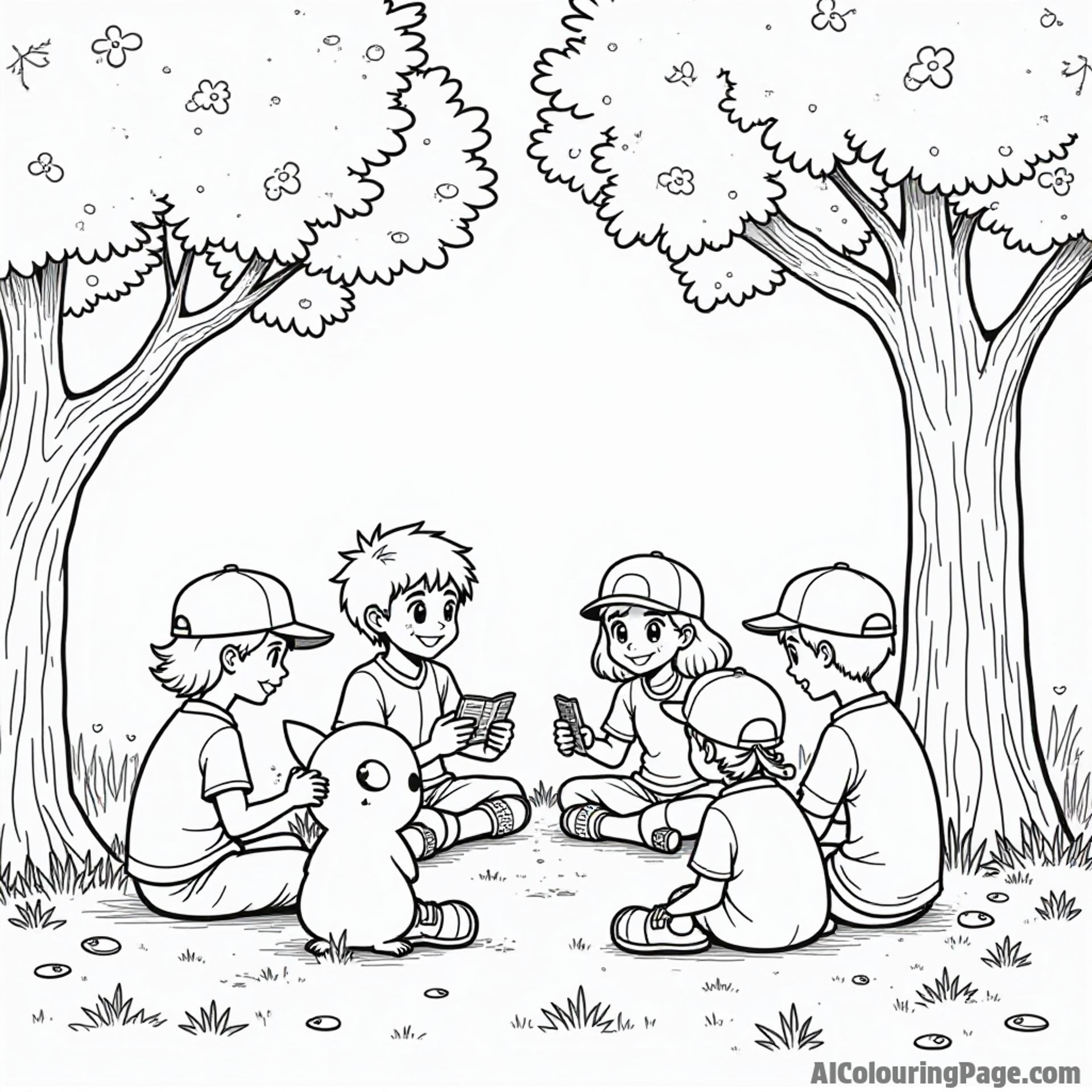 A lively game of Pokémon cards being played by a group of children sitting in a circle under a tree.