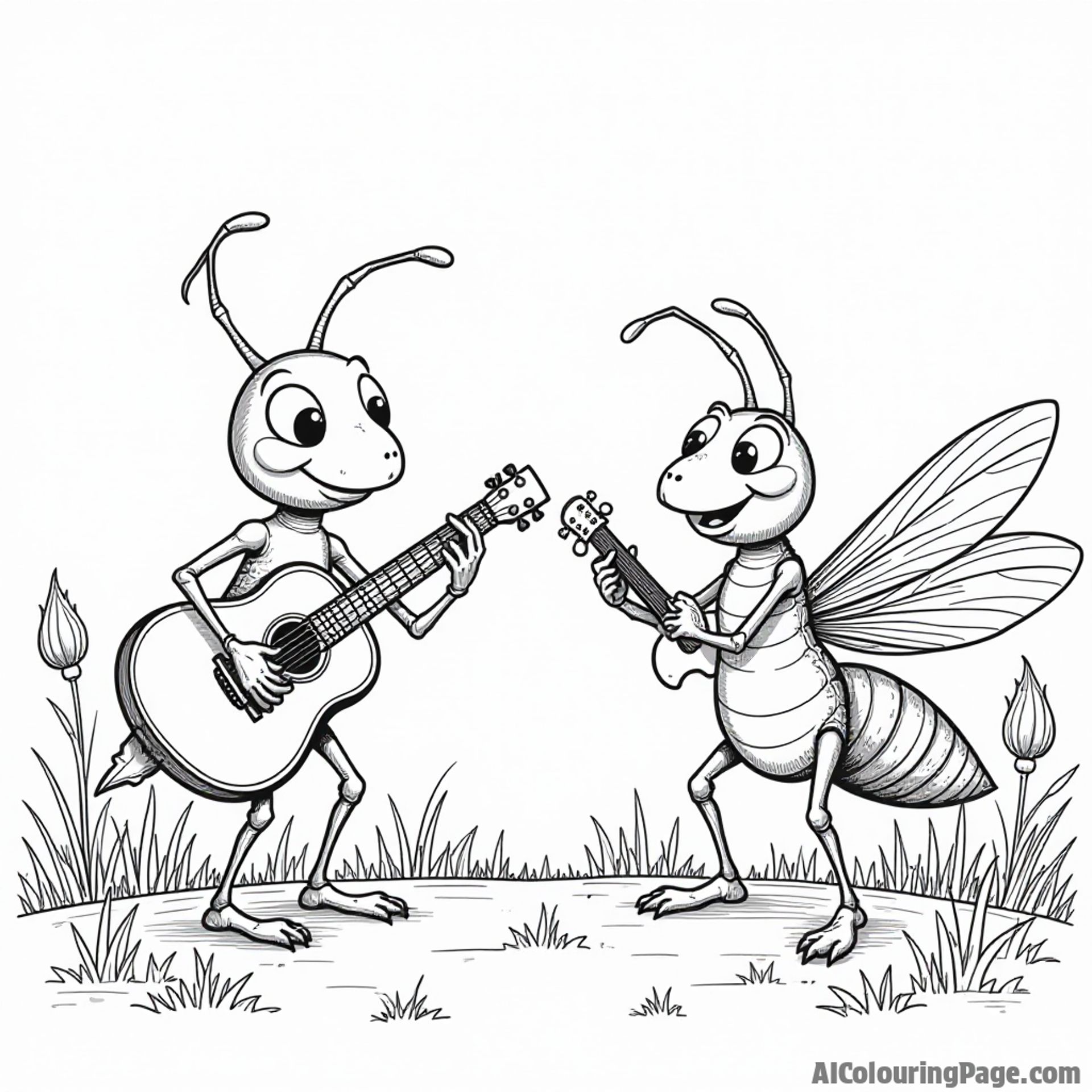 An ant and a grasshopper playing musical instruments in a clear field, showcasing fun and creativity for coloring pages.