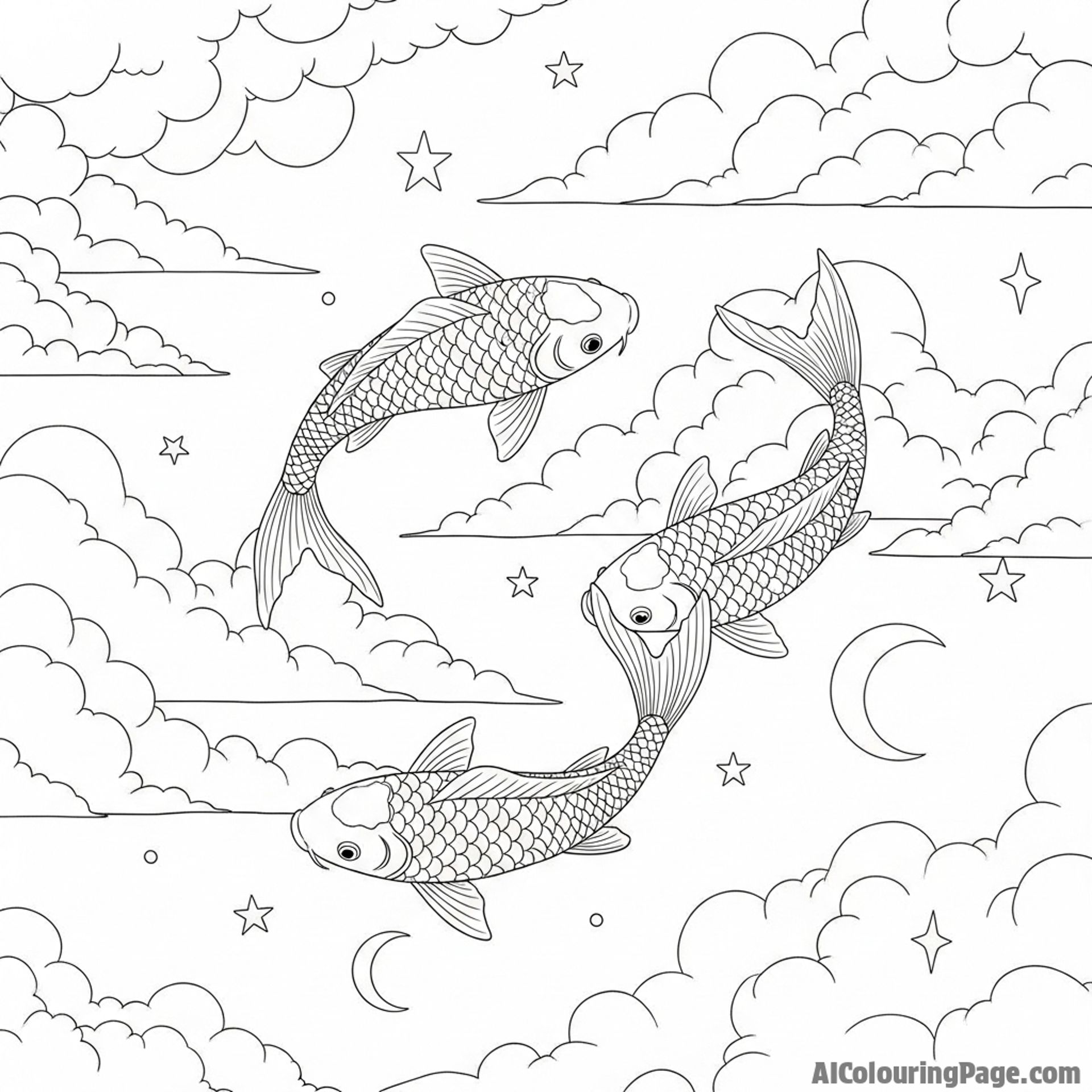 A surrealist image of koi fish swimming serenely through fluffy, white clouds.