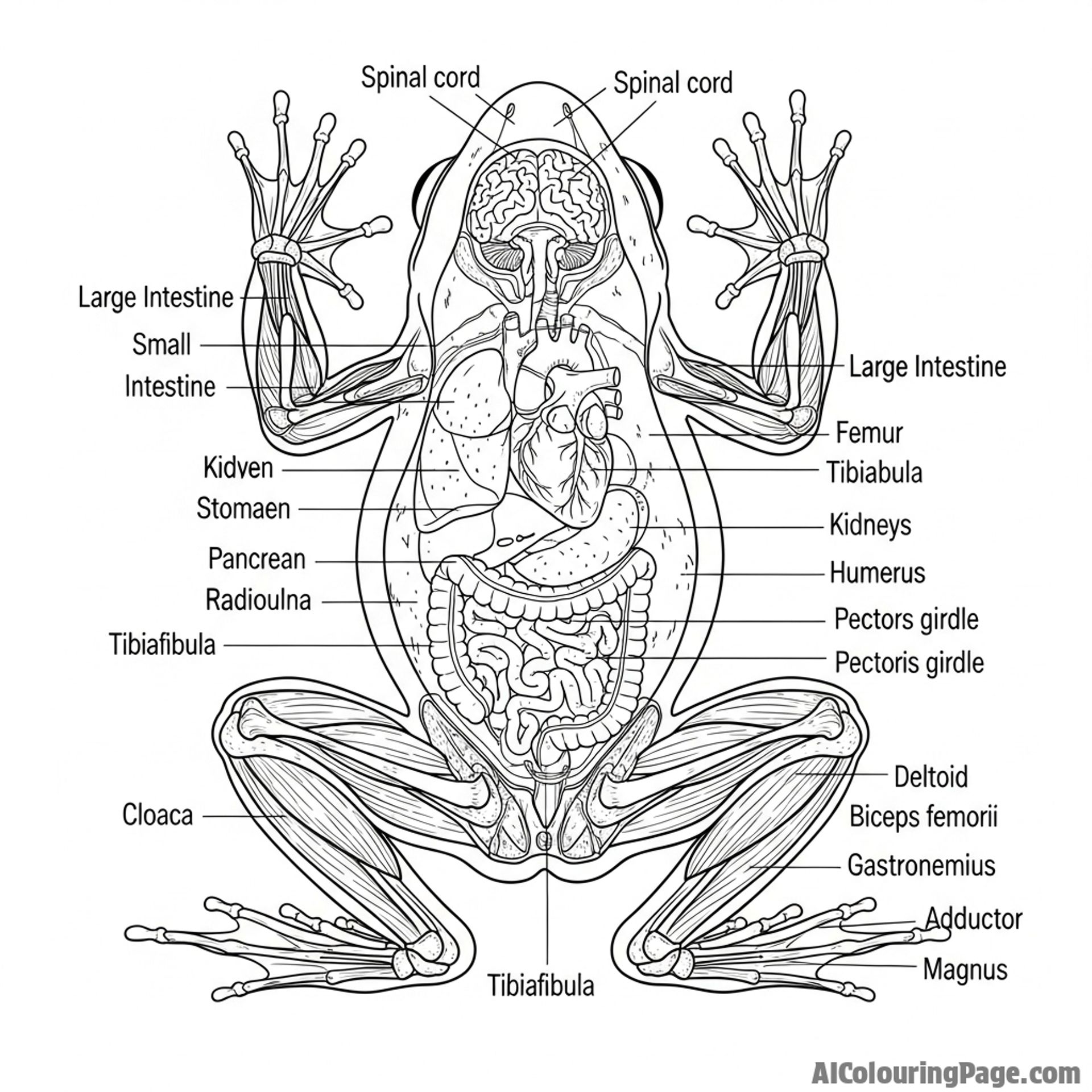 A detailed scientific illustration of a frog's anatomy, with labels.