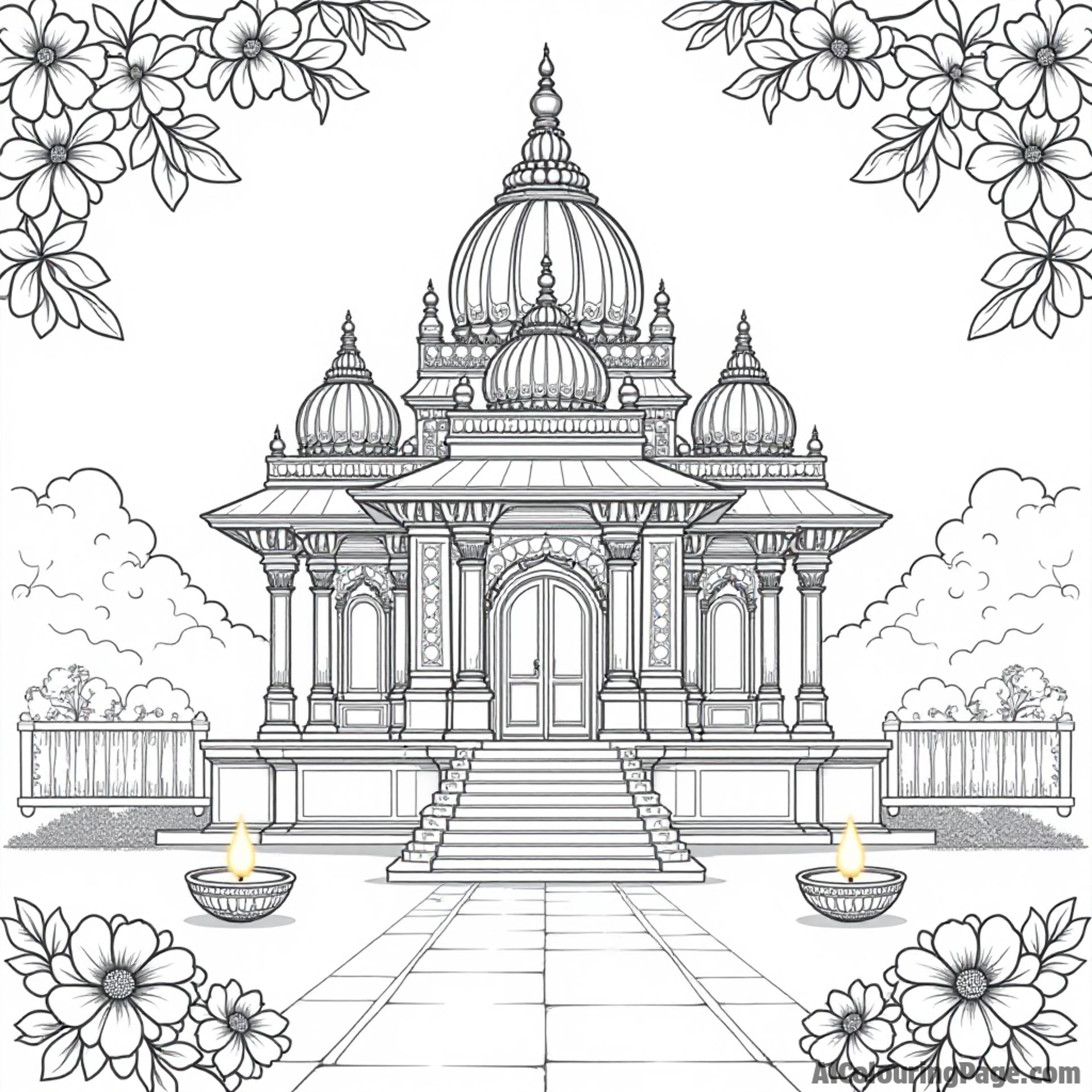 A majestic temple with intricate carvings, illuminated by glowing diyas and surrounded by blooming marigold flowers, celebrating the spiritual side of Diwali, ideal for Festivals and Traditions Coloring Sheets.