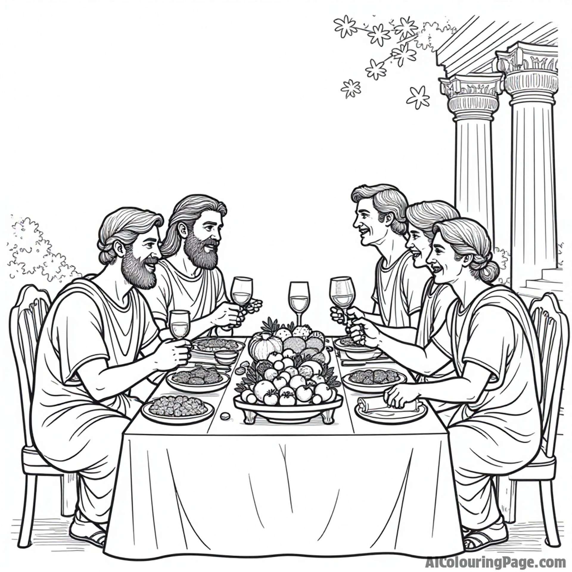 A Roman feast scene with a banquet table filled with fruits, bread, and wine, lively guests enjoying the celebration, making a delightful coloring page for young imaginations.