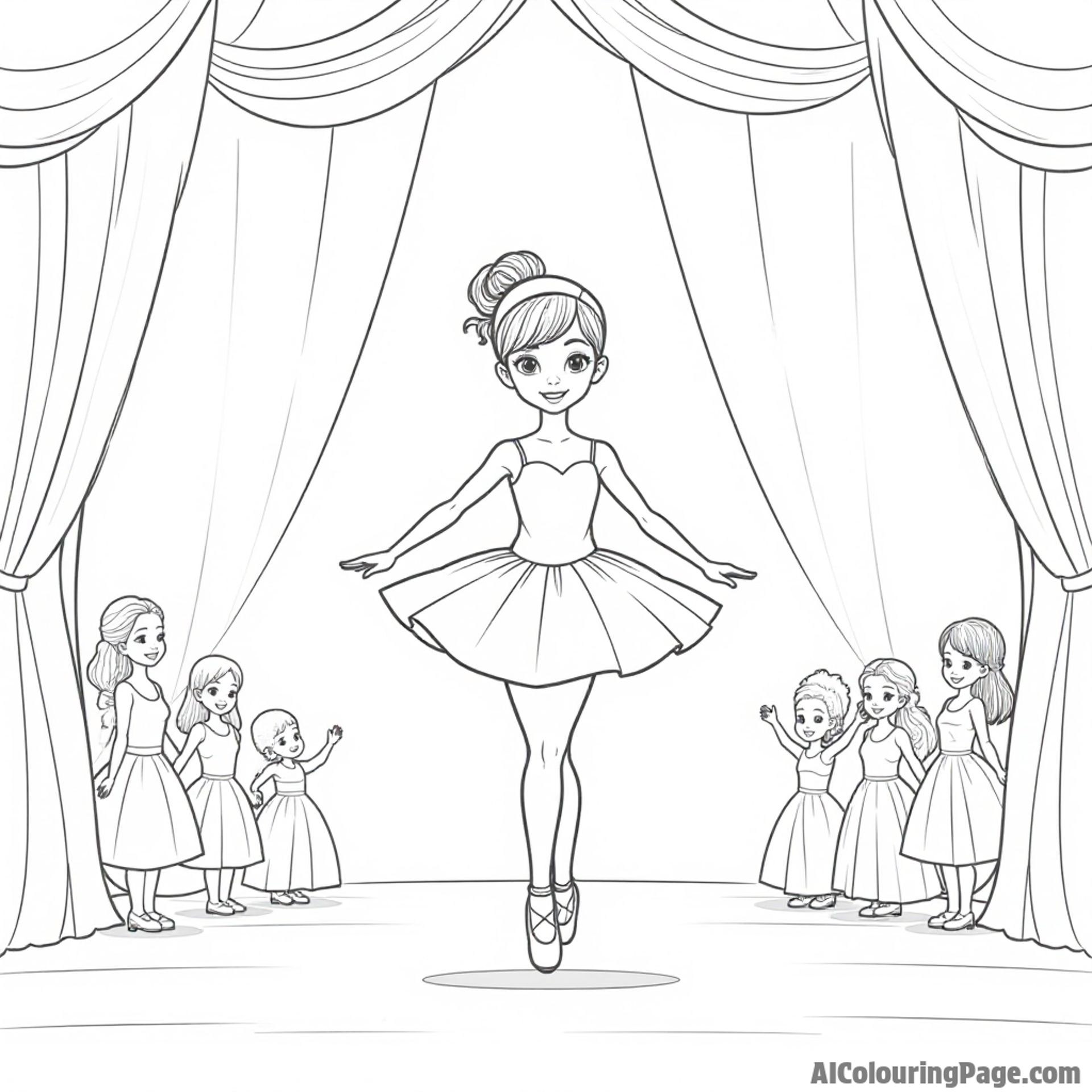 A ballerina doll dancing gracefully on stage, with a spotlight shining down and a cheering audience in the background.