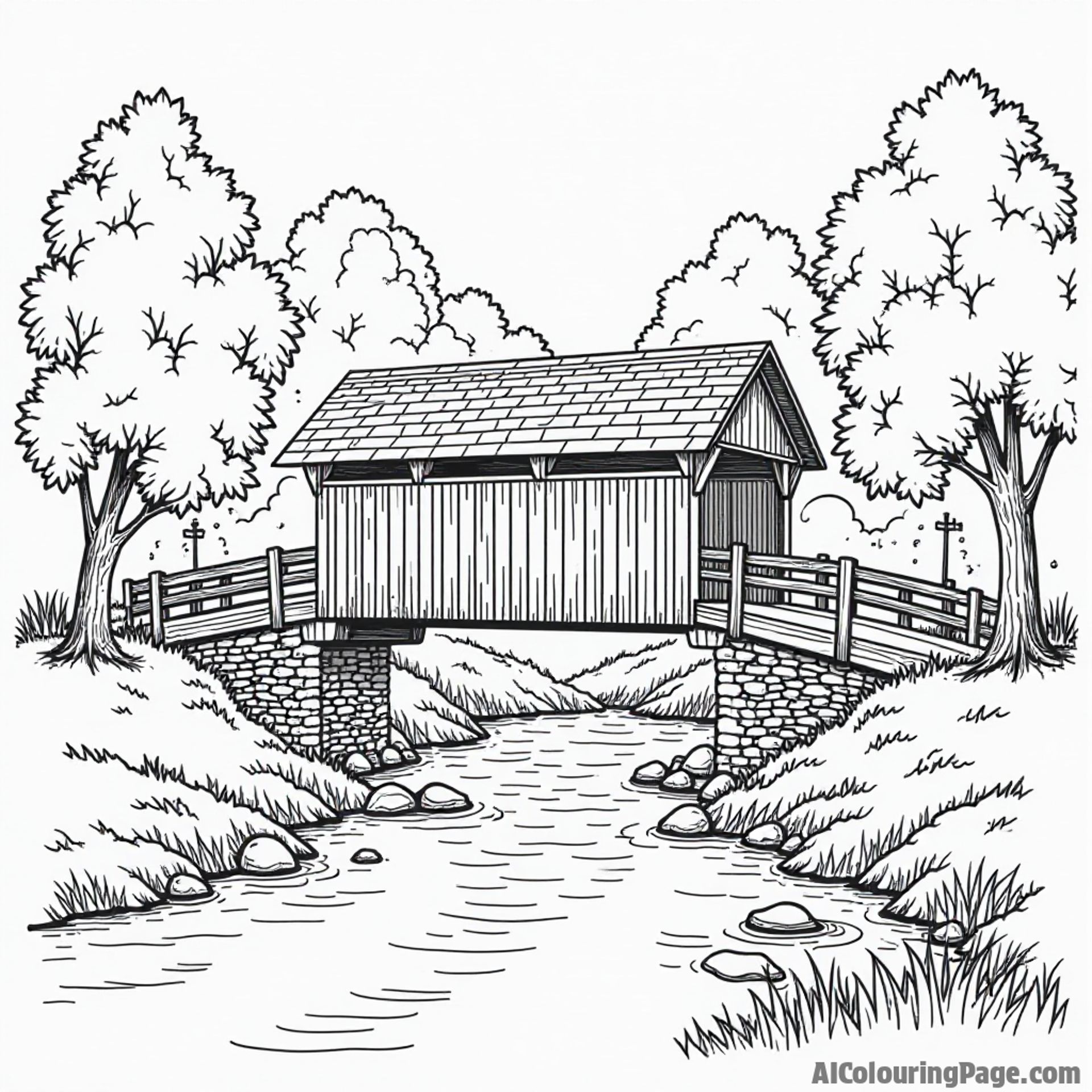 A whimsical covered bridge surrounded by autumn trees in Indiana, with a flowing river, perfect for a delightful coloring page.