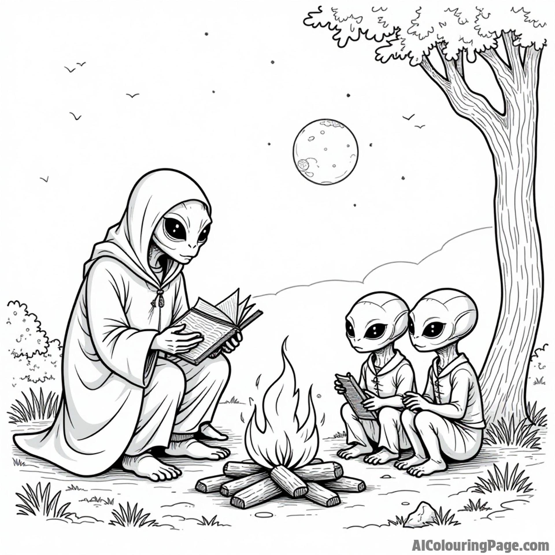 A wise alien elder telling stories to curious younger aliens around a campfire on a distant planet, full of wonder.