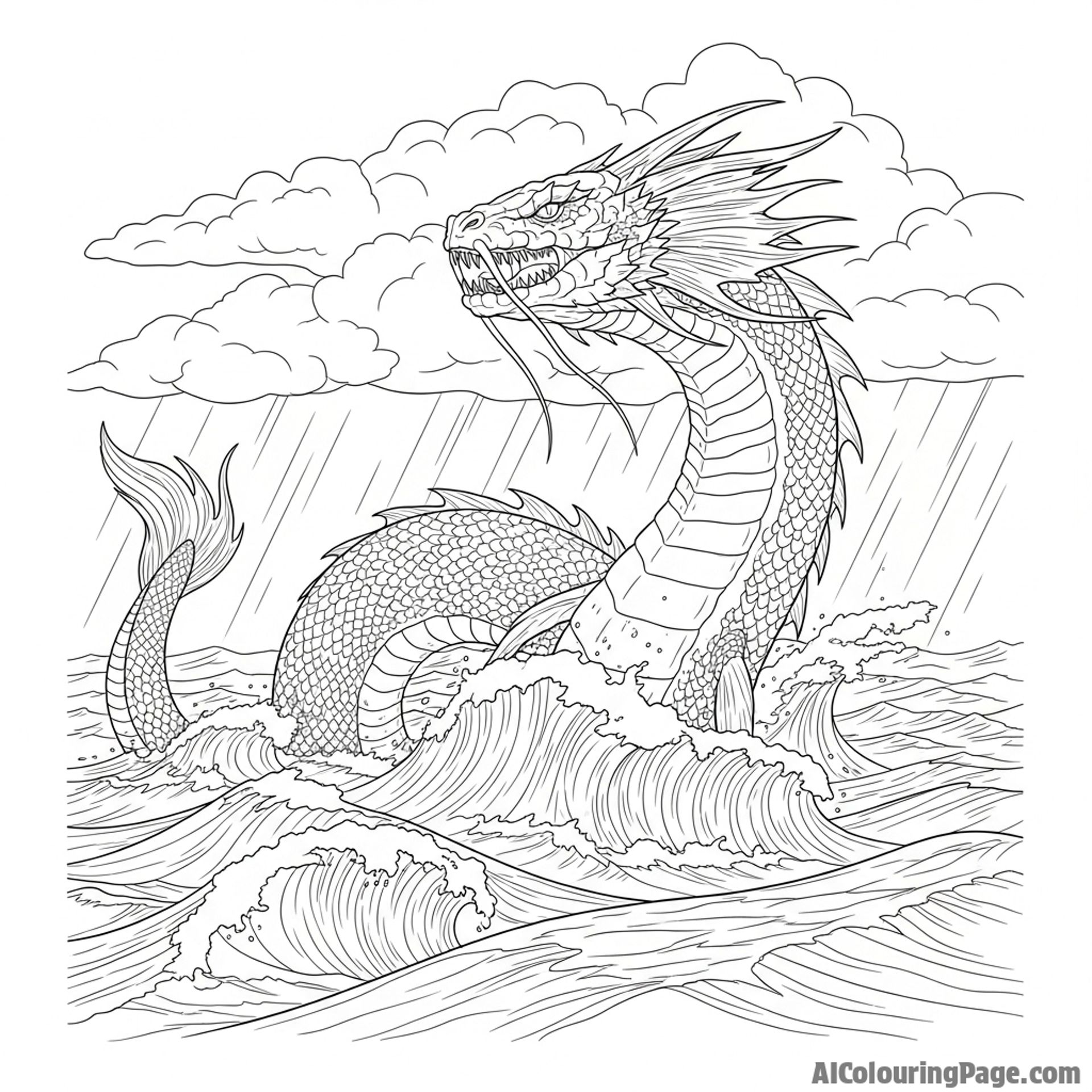 A colossal sea serpent breaching the surface of a stormy ocean, dwarfing the waves.