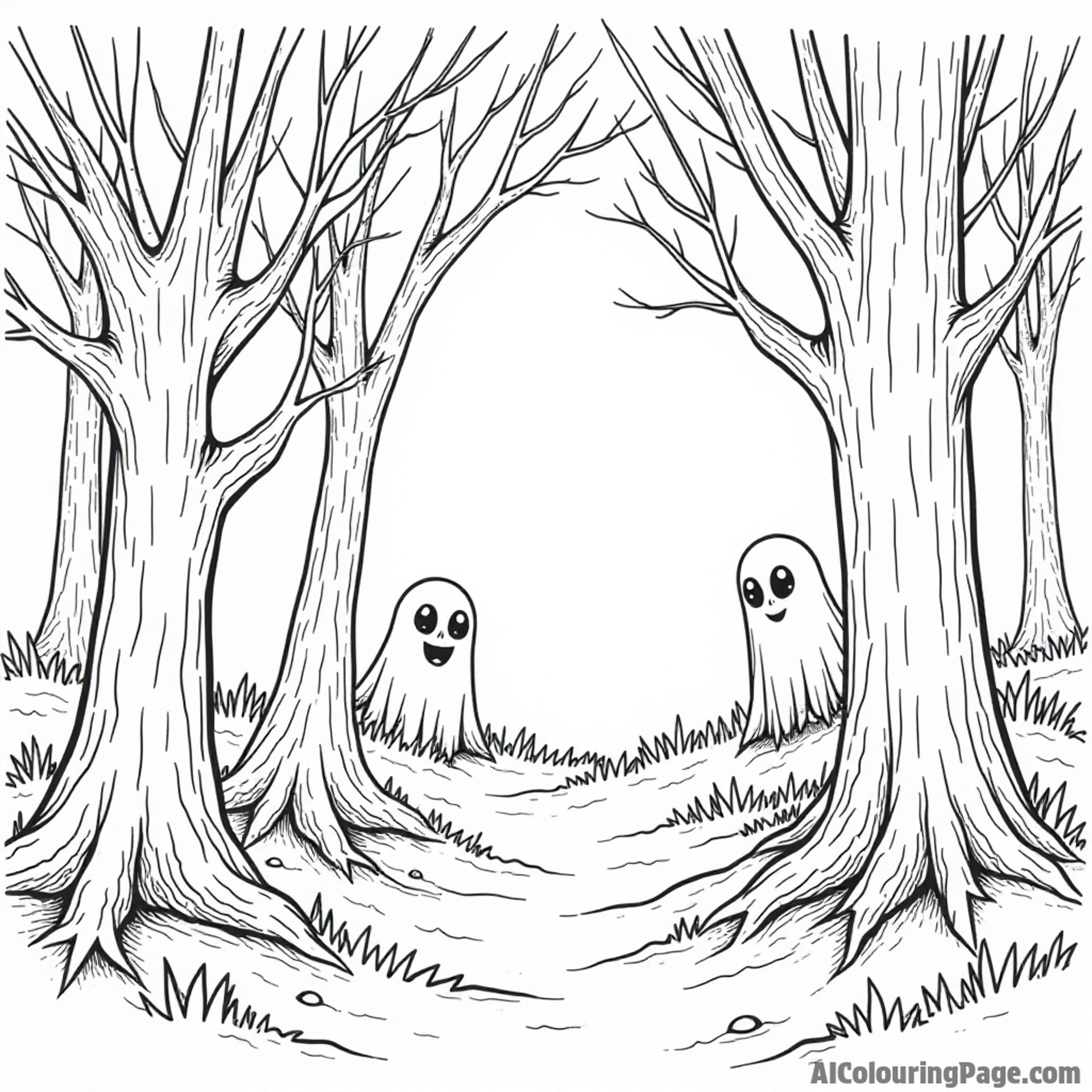 A haunted forest scene with ghostly figures peeking out from behind trees and glowing eyes watching from the shadows.