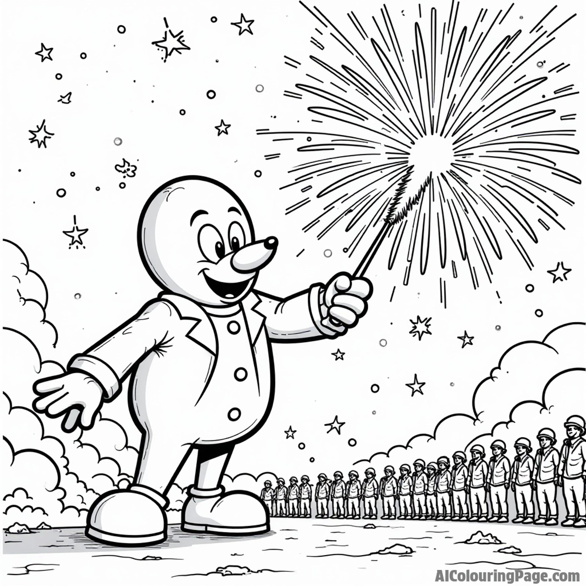 Dr. Eggman launching fireworks in the night sky, with colorful explosions and amazed spectators watching the spectacle.
