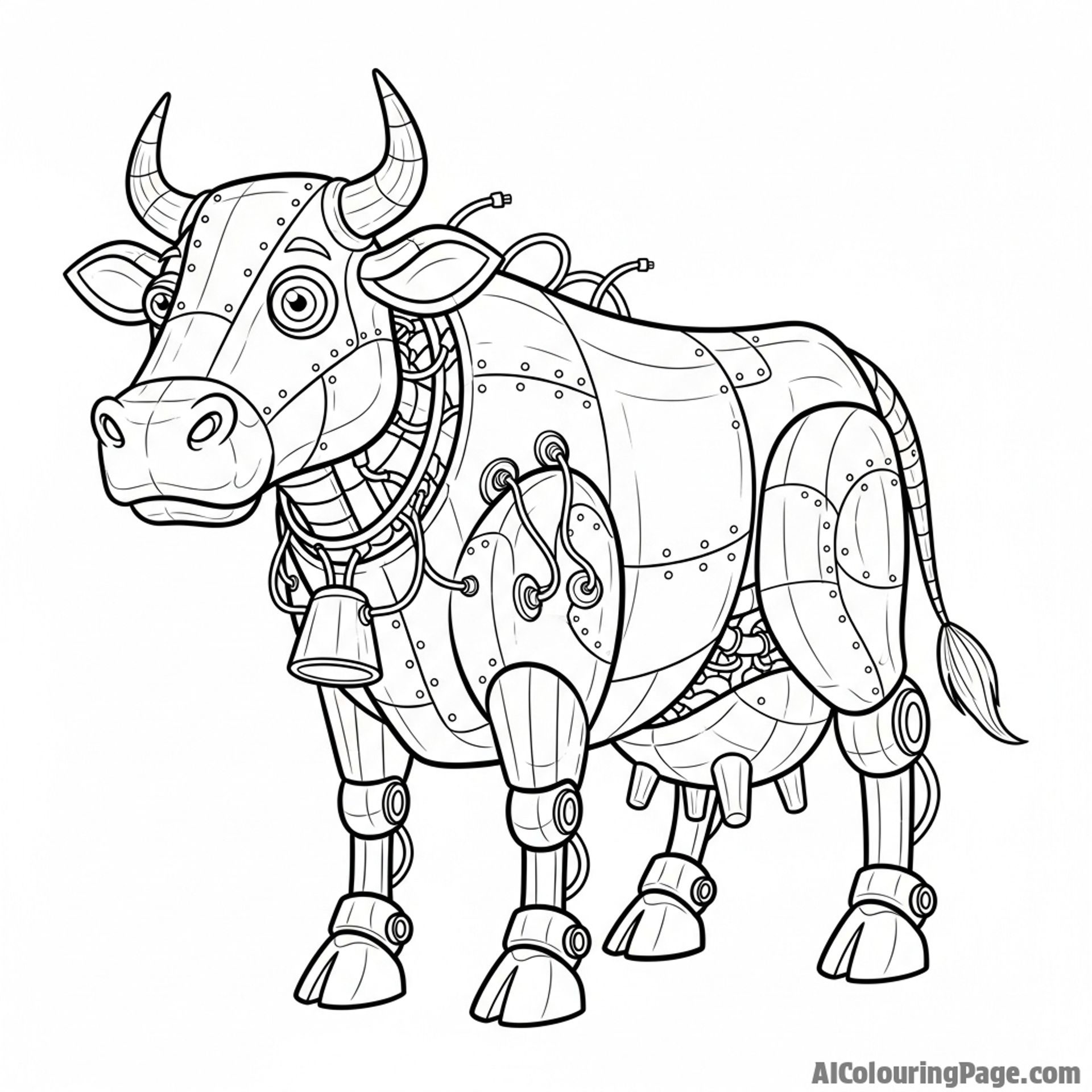A robotic cow with exposed wiring and metallic plates, captured with cinematic lighting.