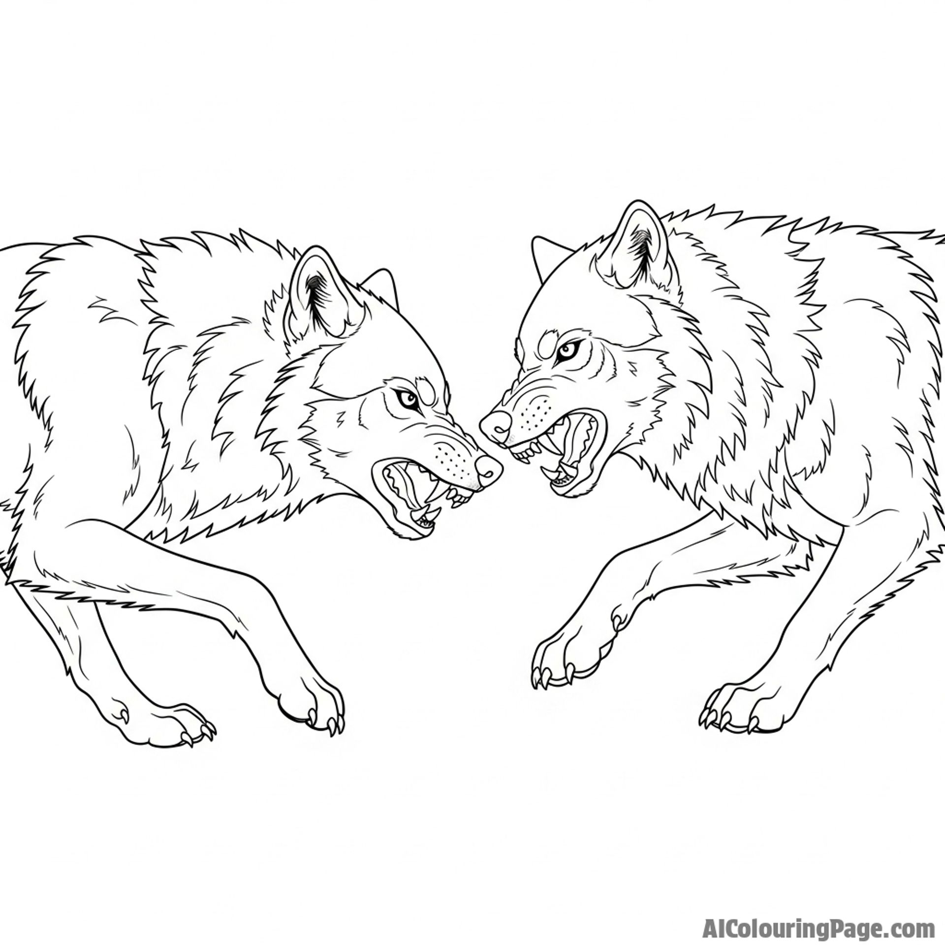 Two alpha wolves in a face-off, snarling with bared teeth in a tense standoff.