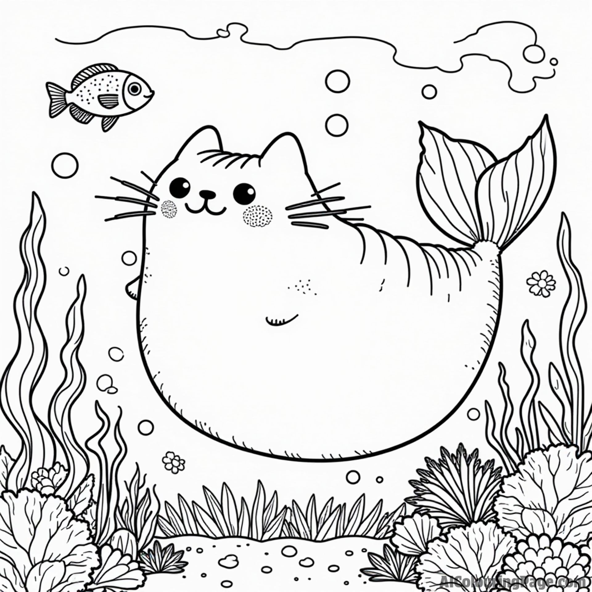 Pusheen as a mermaid swimming in an underwater scene with colorful fish and coral reefs all around
