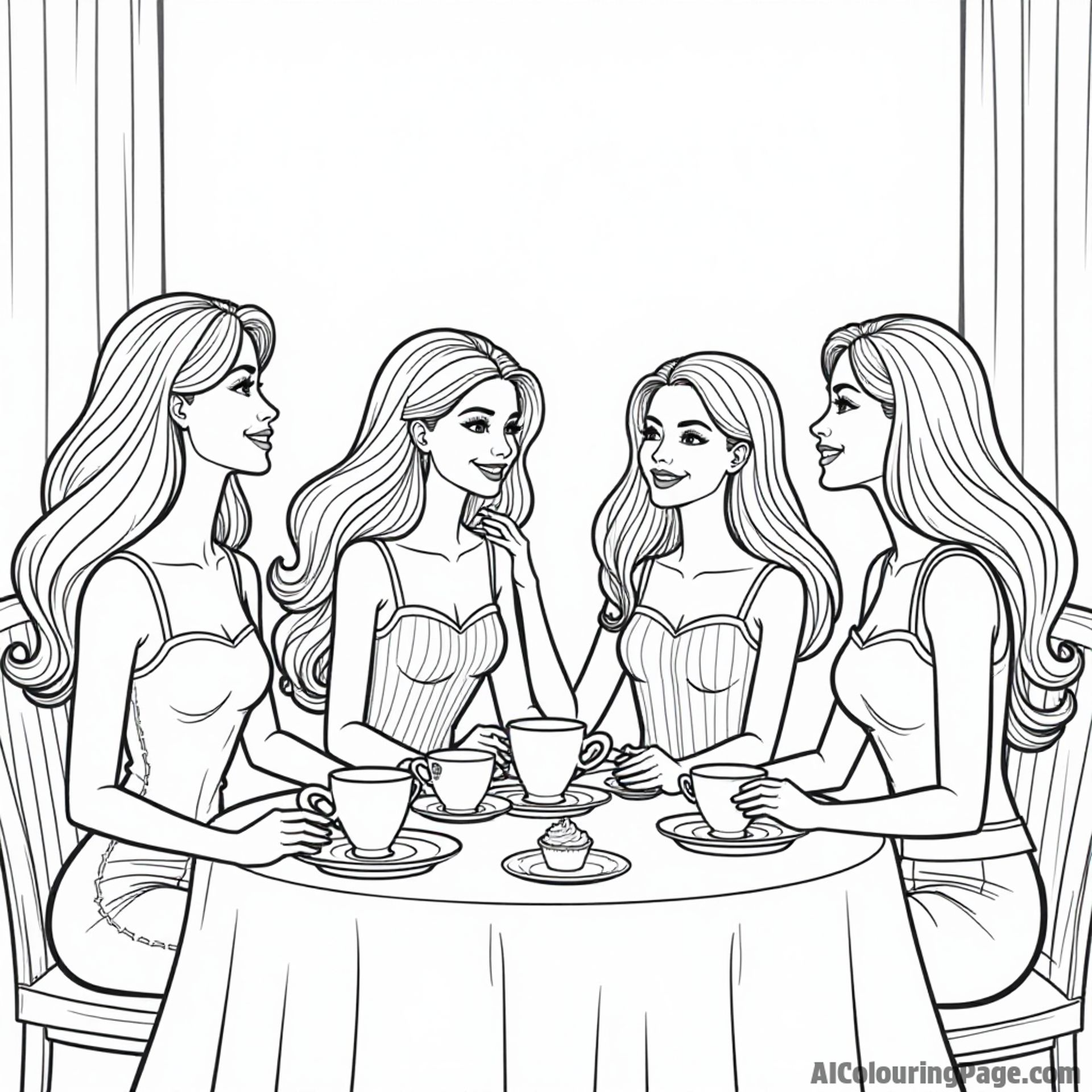 Barbie having a tea party with her friends, sitting at a table full of cupcakes and tea cups, enjoying laughter.