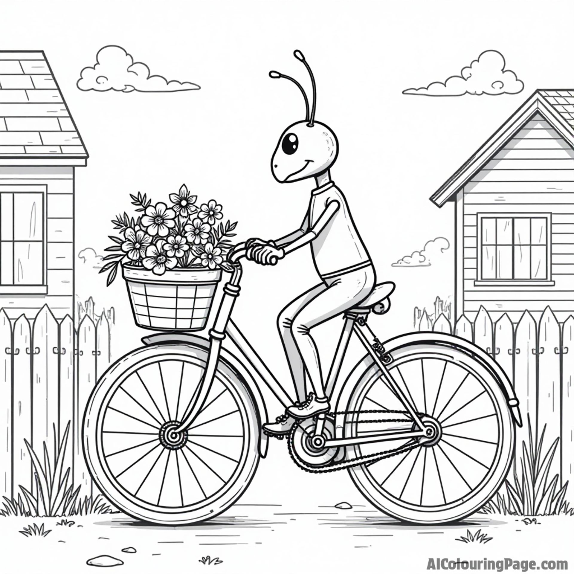 An ant riding a bicycle with a basket full of flowers, exploring the neighborhood, perfect for colorful adventures.
