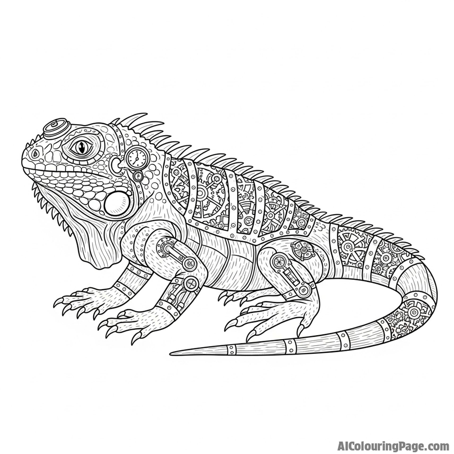 A steampunk iguana with brass gears and clockwork mechanisms visible beneath its scales.