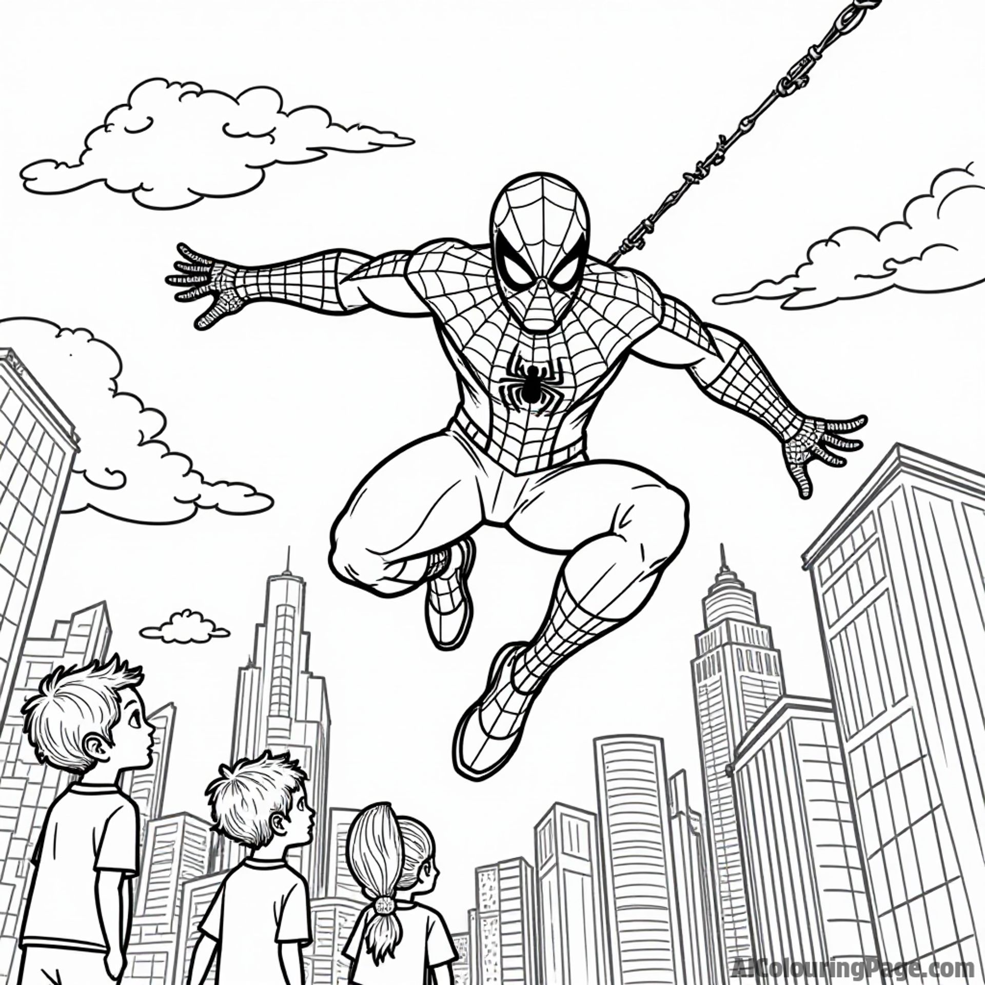 Spiderman swinging through a cityscape, skyscrapers in the background, children watching in awe from below on a sunny day