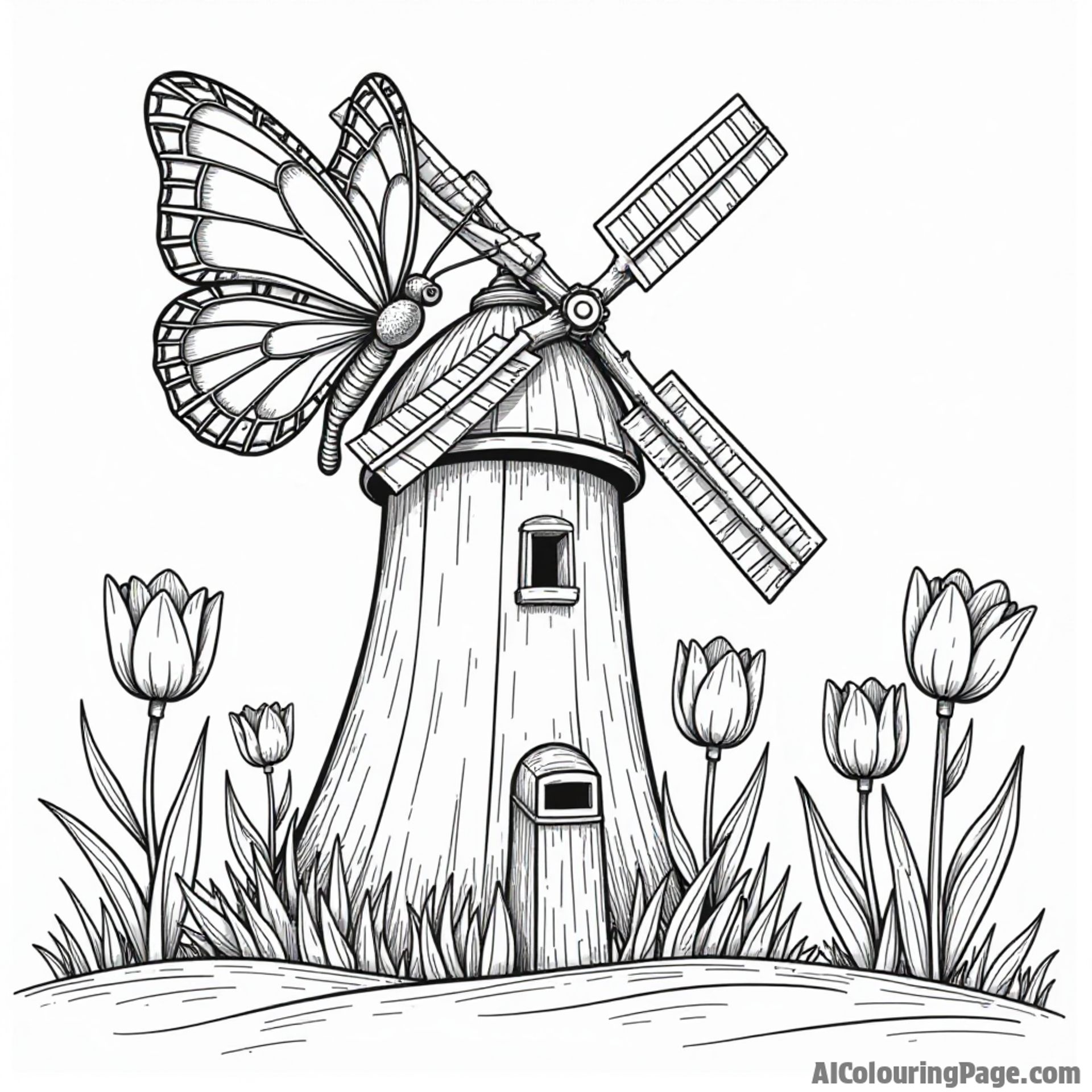 A butterfly perched on a whimsical windmill surrounded by tulips, creating a charming scene for children to color.