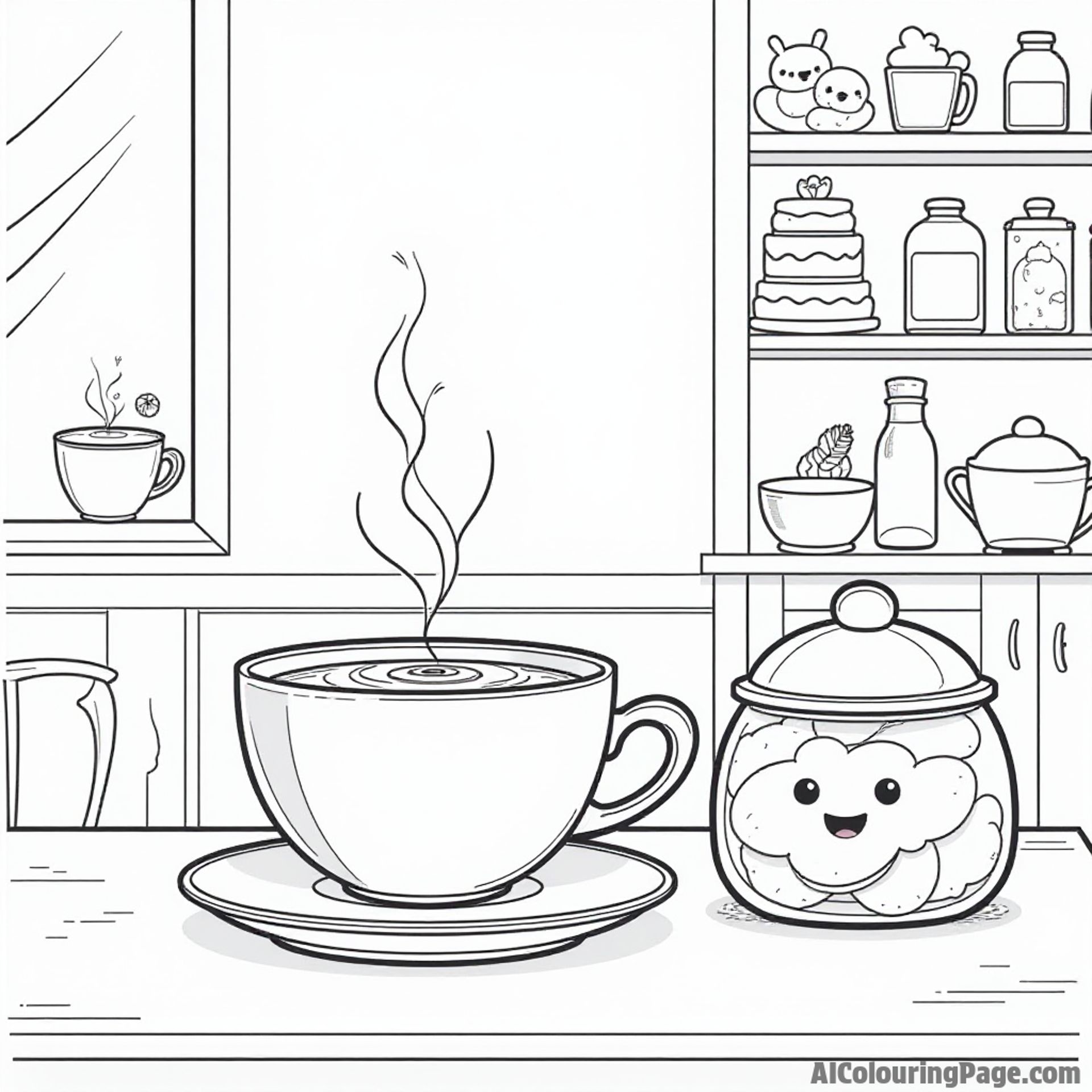 A cozy cafe setting with a happy coffee cup, a cute pastry character, and a playful sugar jar on the table.