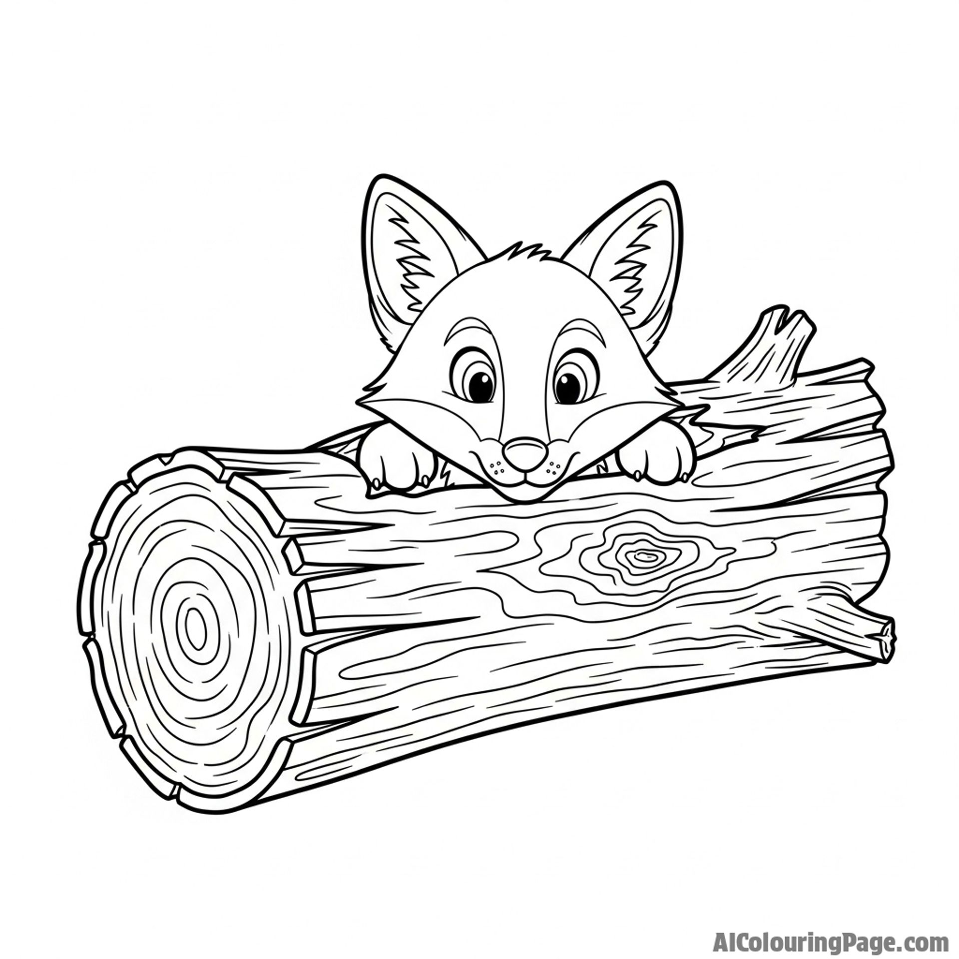 A fox peeking its head out from a hollow log, framed by the textured wood.