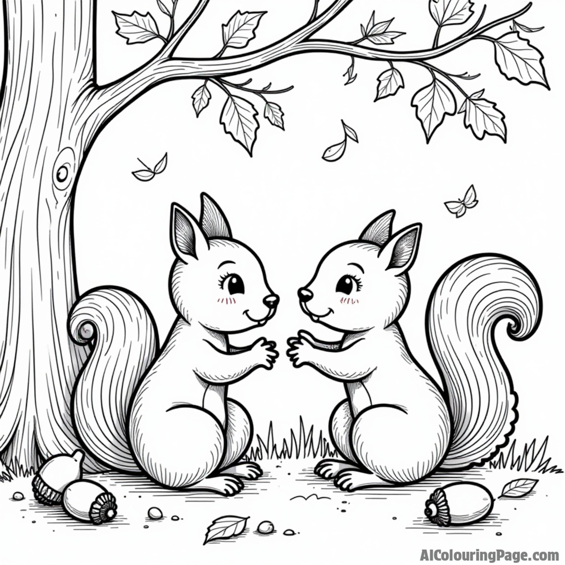 A butterfly listening to music with a squirrel under a tree, surrounded by acorns and leaves ready for coloring fun.