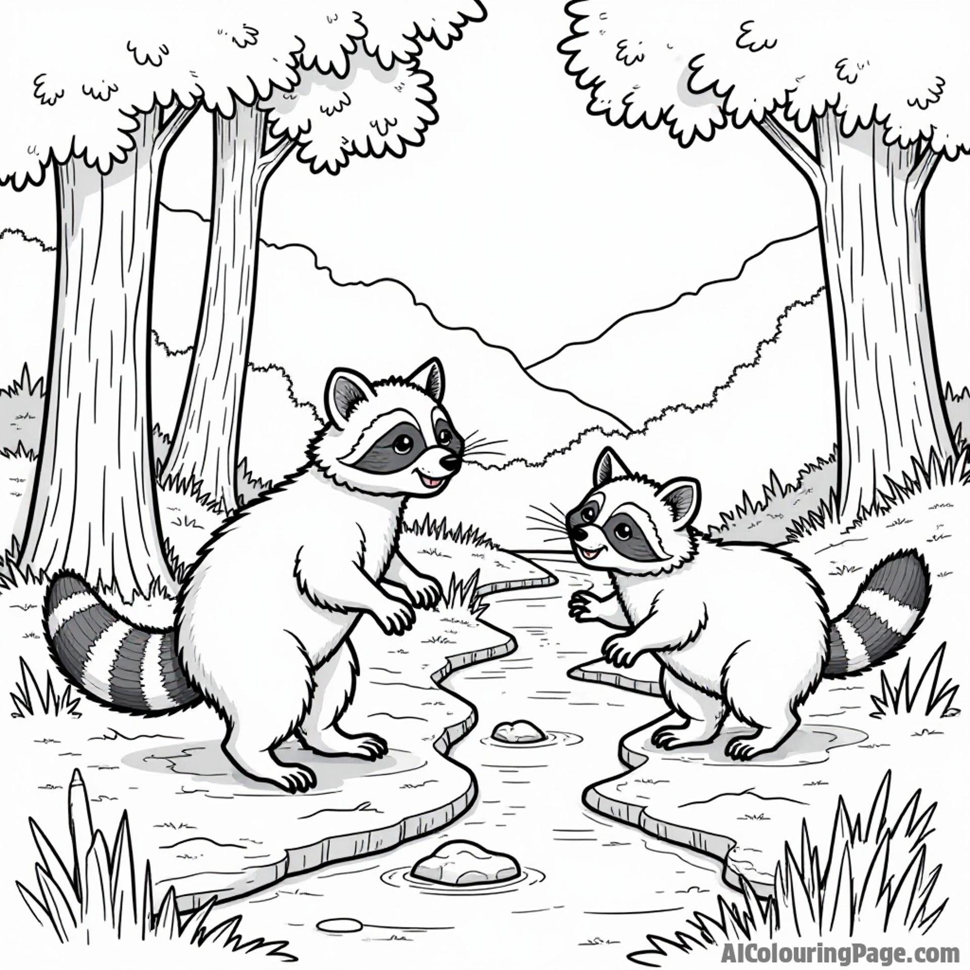 A playful scene of two raccoons exploring a West Virginia forest with tall trees and a sparkling stream to color