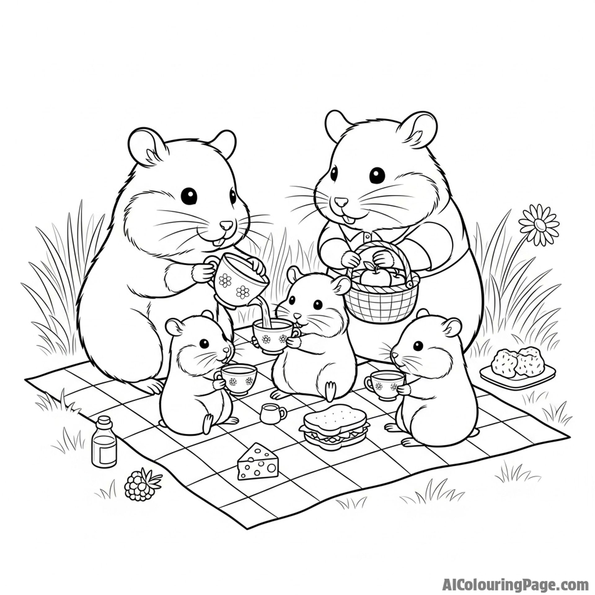 A family of hamsters having a picnic on a small checkered blanket