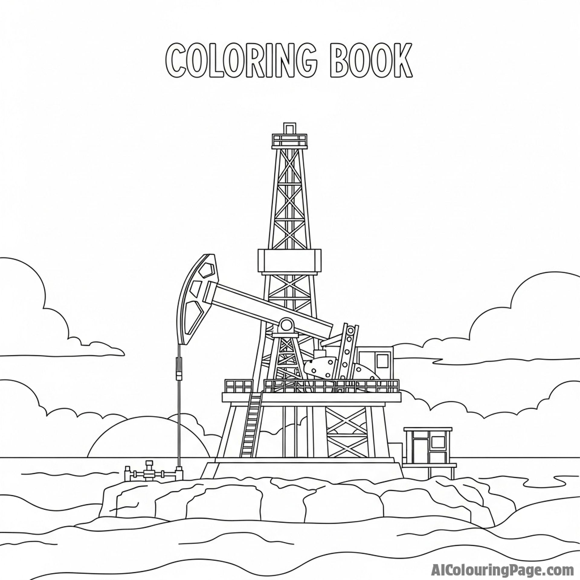 An oil rig silhouetted against the sunset on the horizon.