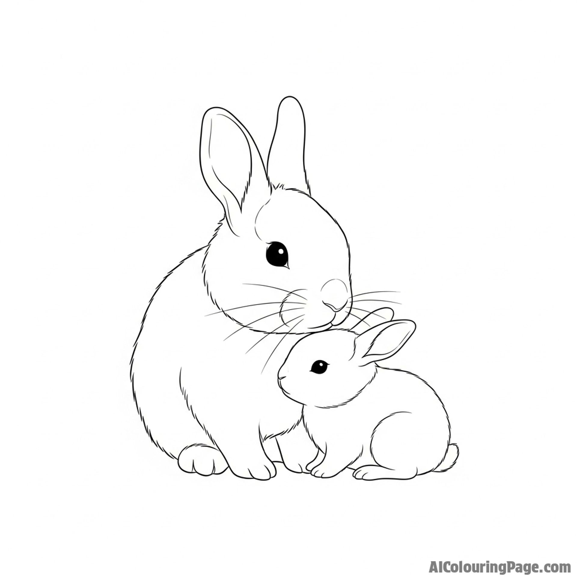 A tiny kit, a baby rabbit, nestled against its mother.