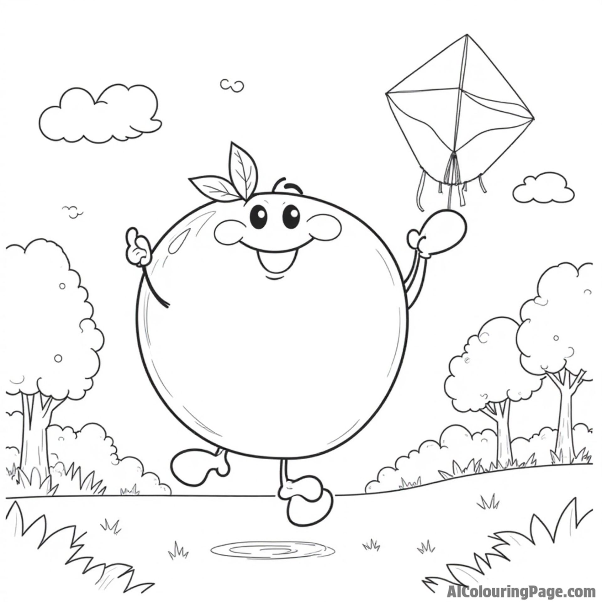A joyful peach character flying a kite in a park, with fluffy clouds and laughing children in the background.