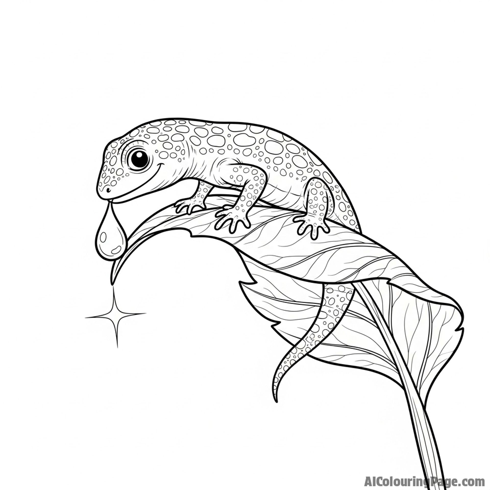 A lizard drinking a dewdrop from the tip of a leaf.