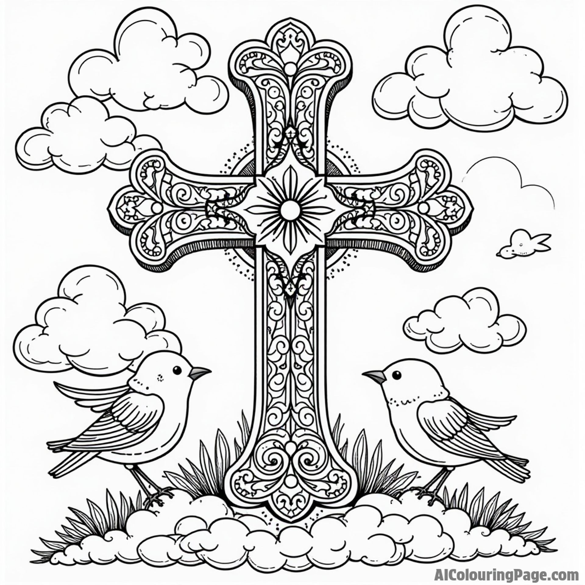 A cross with intricate patterns, surrounded by swirling clouds and playful birds, encouraging creativity and focus while coloring.