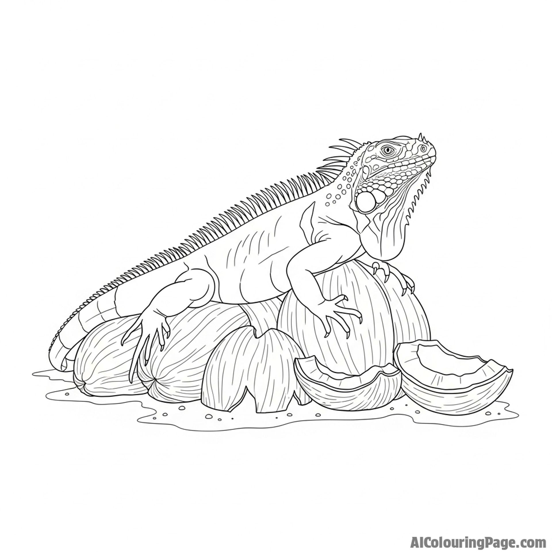 An iguana resting on a pile of discarded coconut husks on a tropical shore.