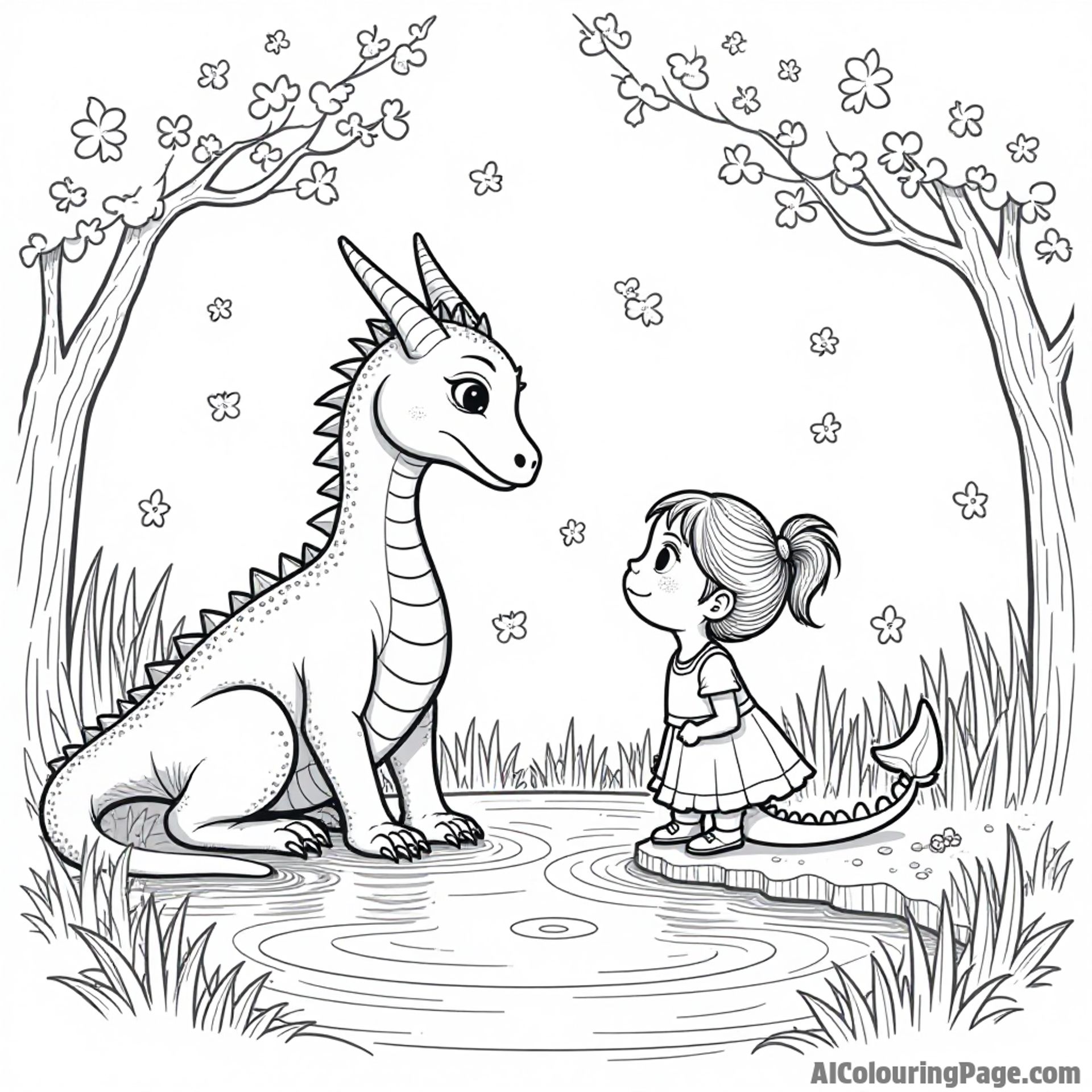 A dragon and a young girl sharing secrets by a sparkling pond surrounded by glowing fireflies.
