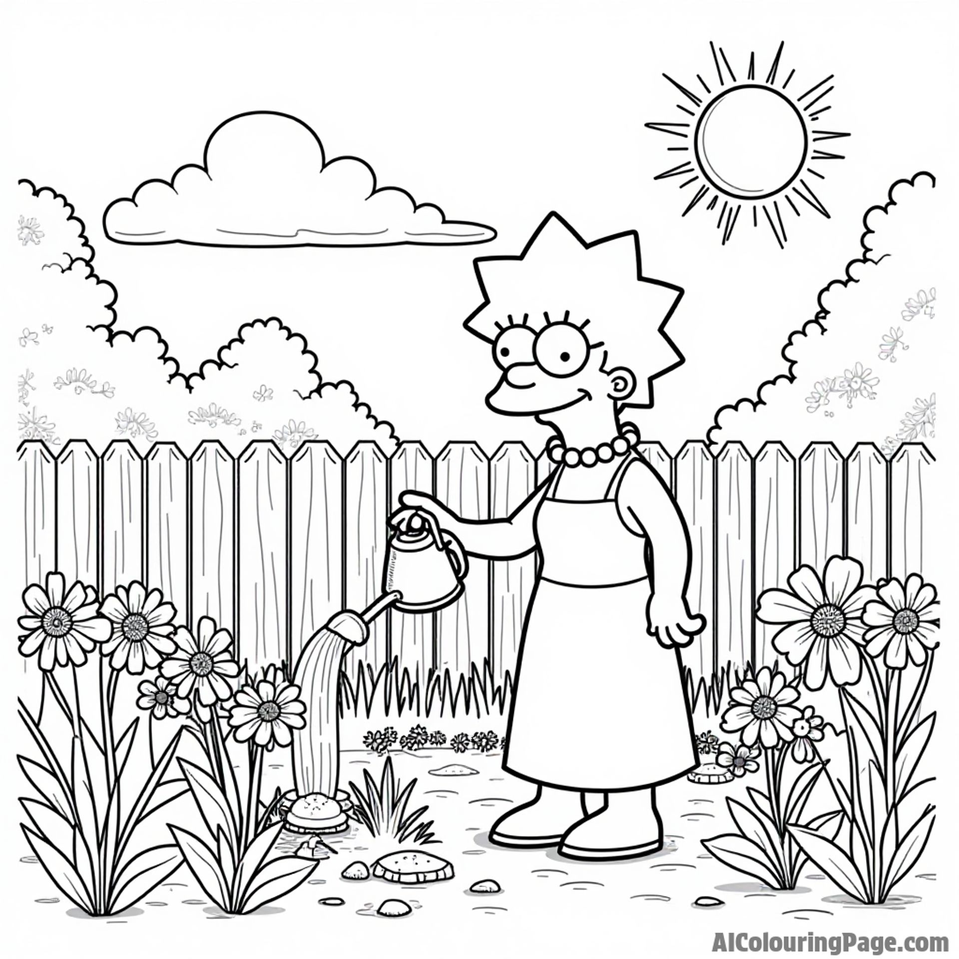 Marge Simpson watering her colorful garden filled with various flowers and plants under the bright sun in Springfield.