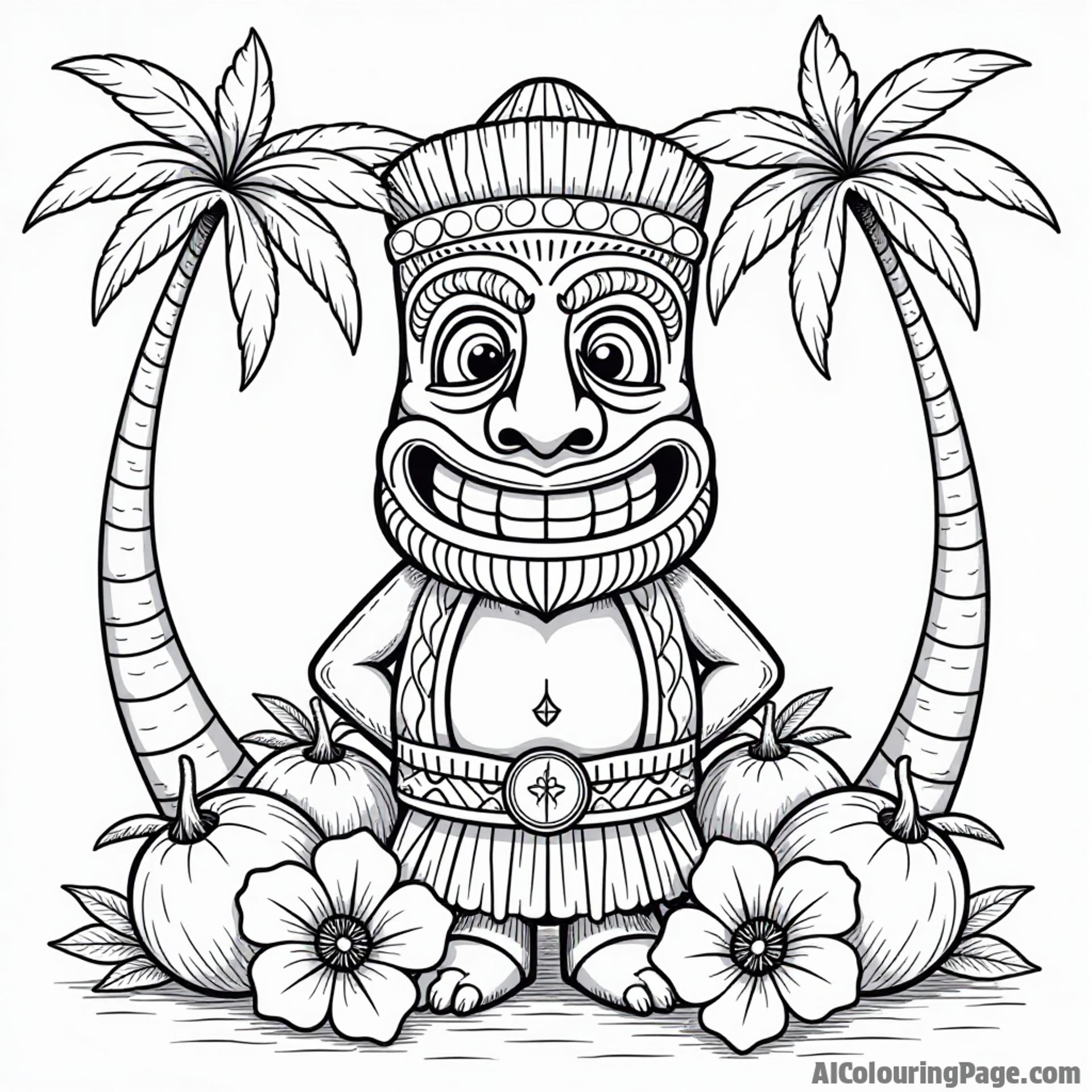 A friendly tiki statue surrounded by coconuts and hibiscus flowers, offering a fun and creative coloring challenge for kids.