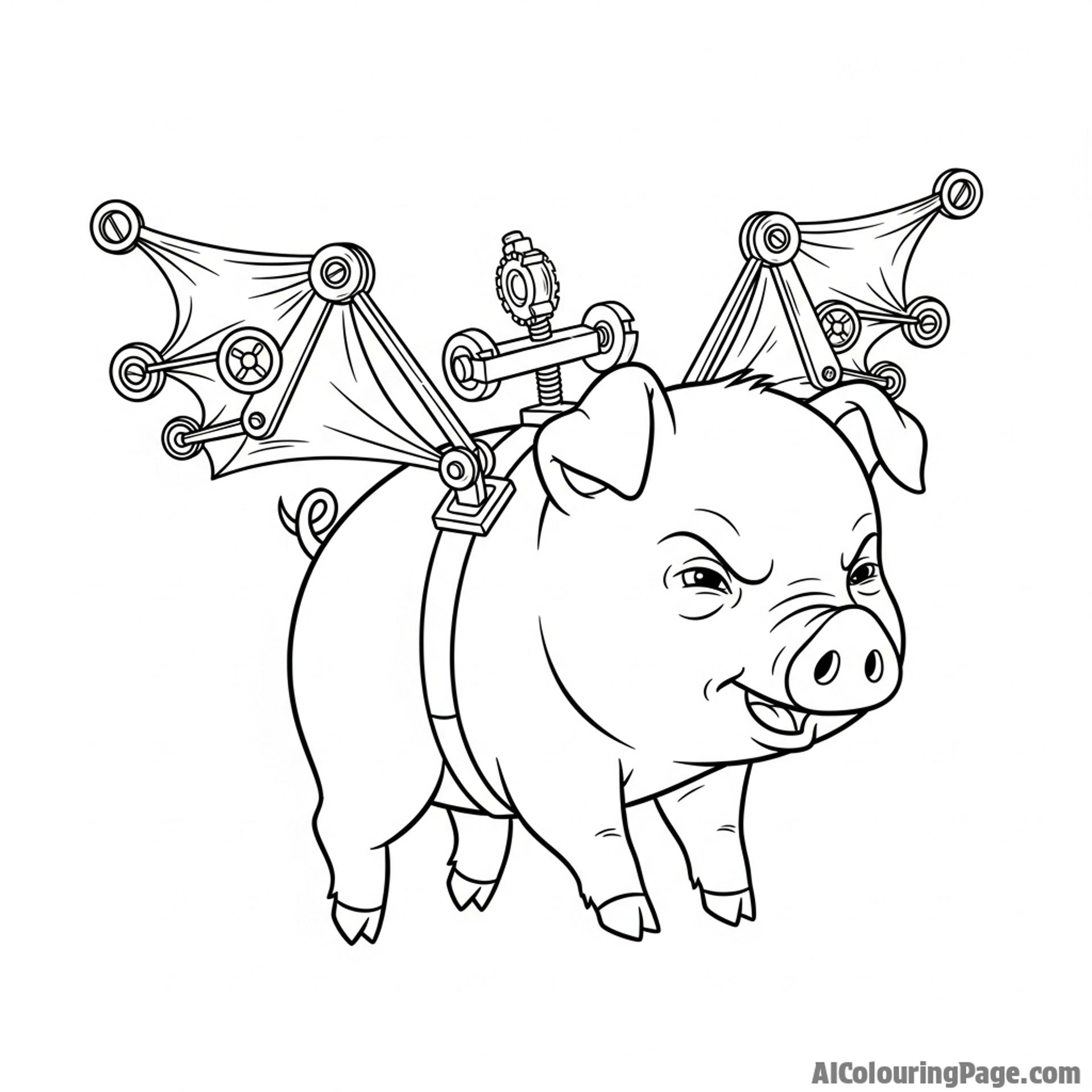 A piglet attempting to fly with small, contraption wings strapped to its back.