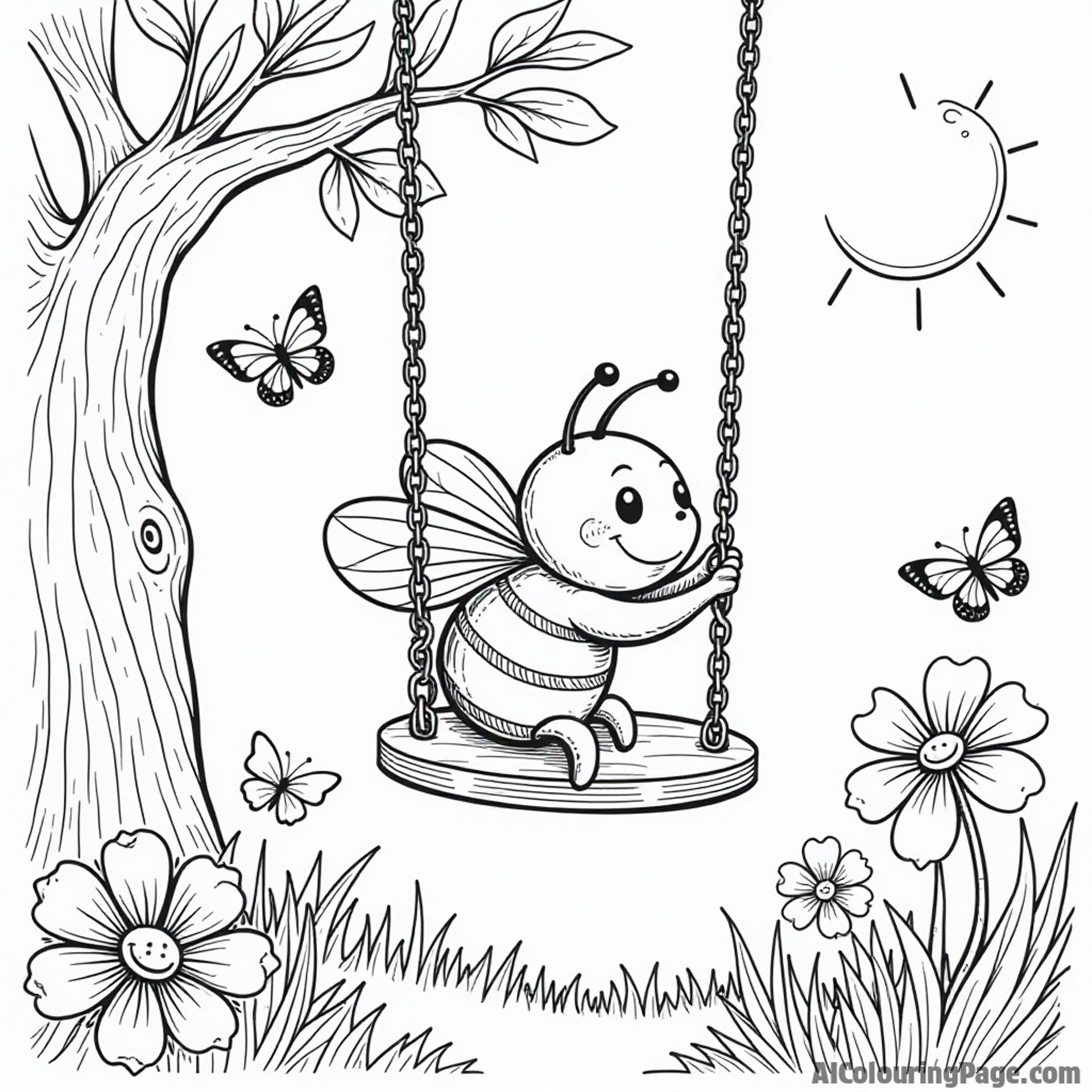 A bee swinging on a flower swing, with butterflies fluttering around and a bright sun shining down on the scene.